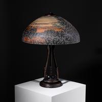 Reverse-painted glass table lamp, wooded landscape