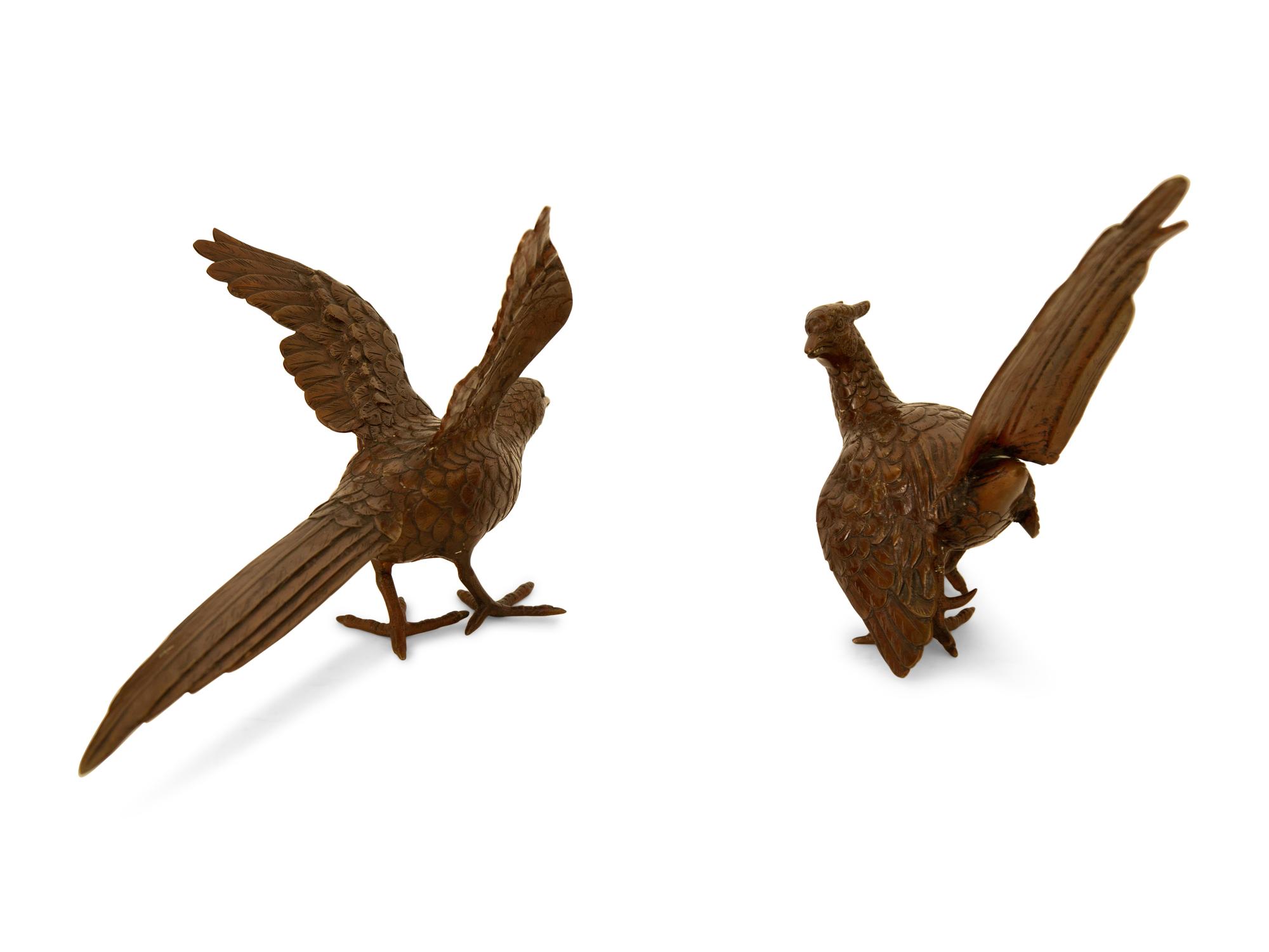 A Pair of Patinated Bronze Figures of Pheasants — 20th Century