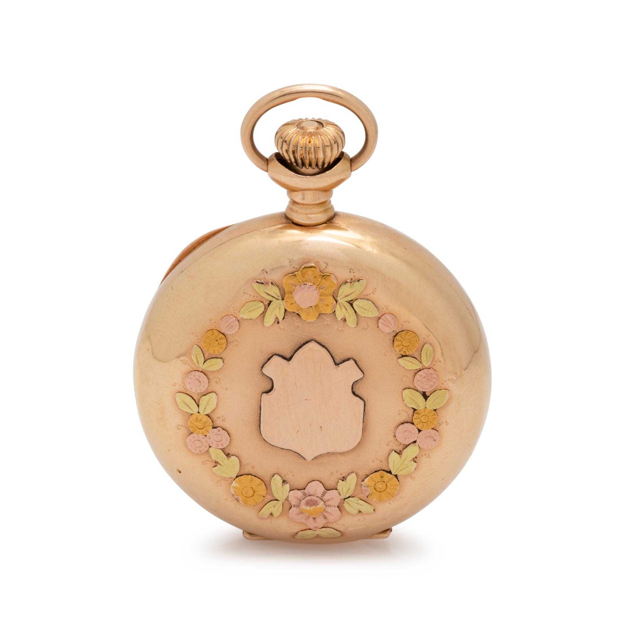 ELGIN, 14K TRICOLOR GOLD AND DIAMOND HUNTER CASE POCKET WATCH