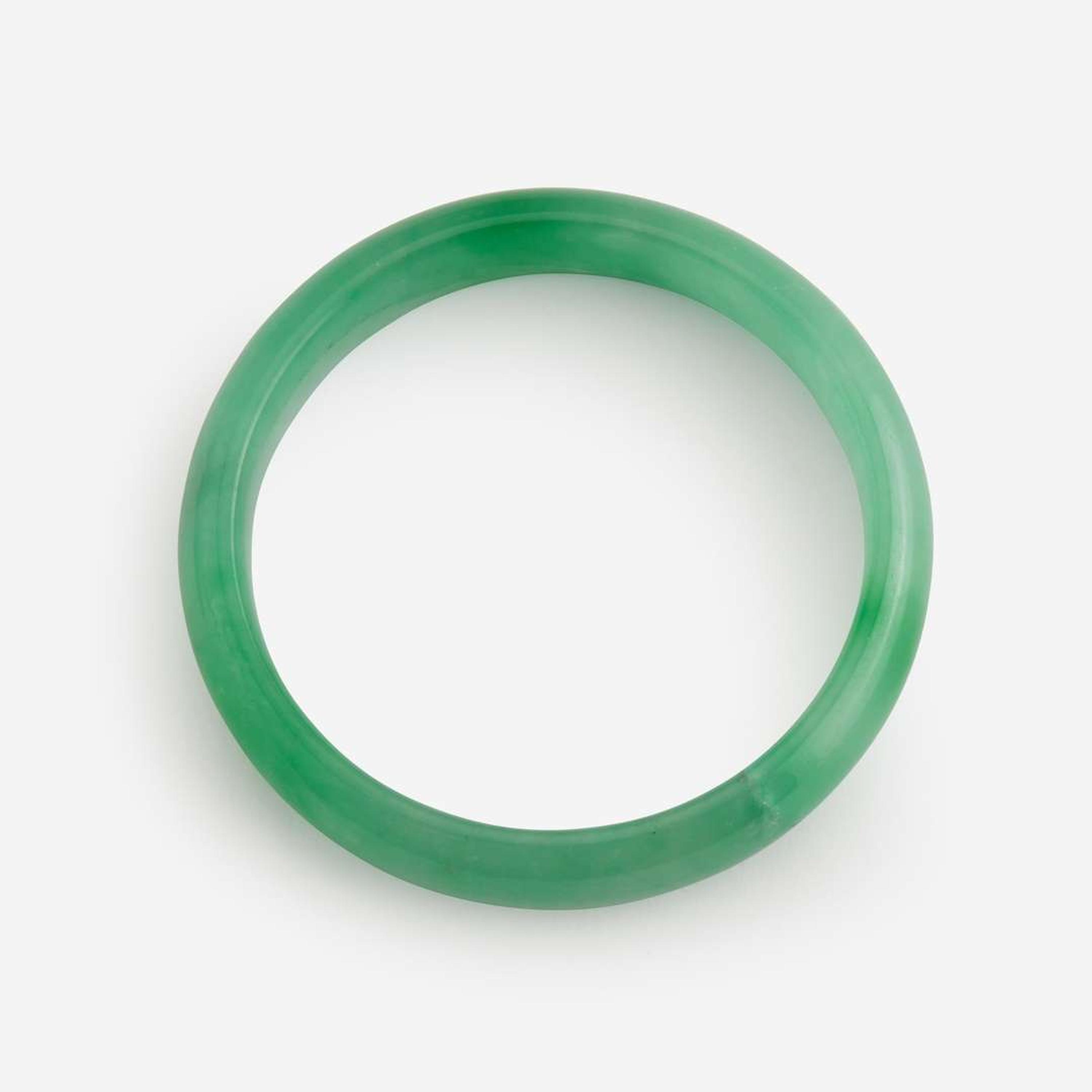 Two jadeite bangles with straight interiors 翡翠平安镯一组两件