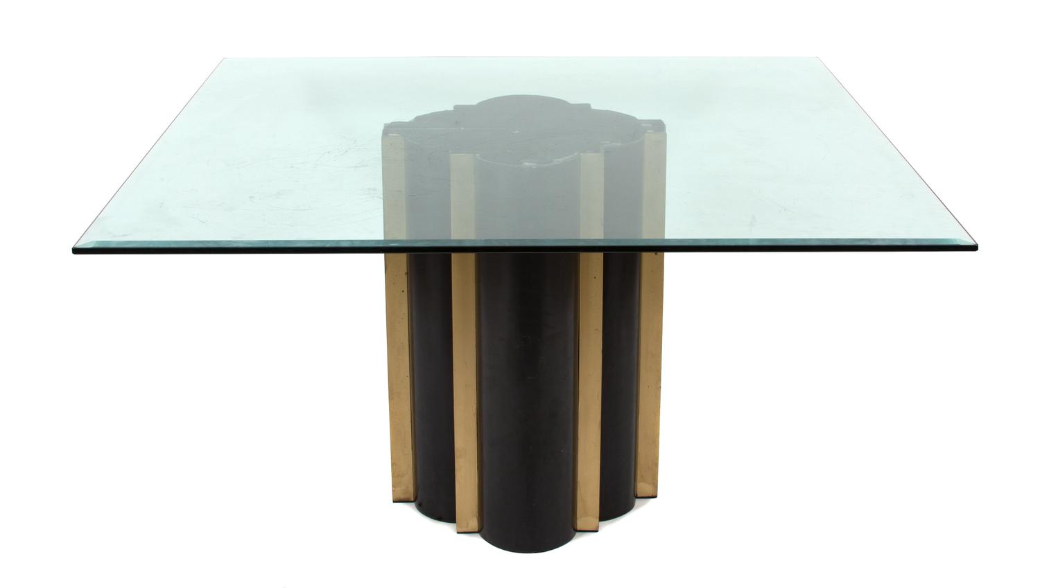 A Mid-Century Modern Bronze Two-Pedestal Dining Table with Glass Top Each pedestal height 28 x width 19 3/4 x depth 9 3/4, top 50 inche — MID-20TH CENTURY