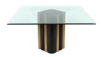 A Mid-Century Modern Bronze Two-Pedestal Dining Table with Glass Top Each pedestal height 28 x width 19 3/4 x depth 9 3/4, top 50 inche — MID-20TH CENTURY