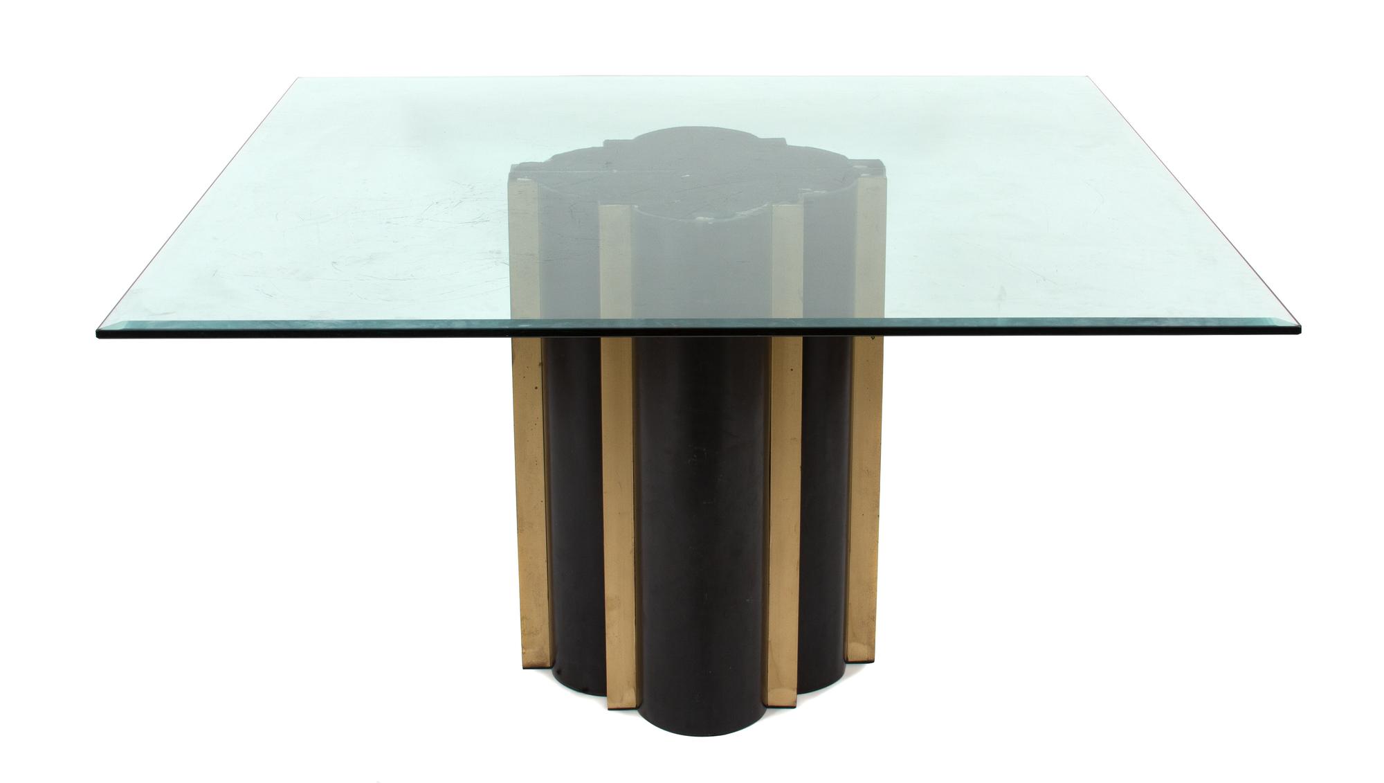 A Mid-Century Modern Bronze Two-Pedestal Dining Table with Glass Top Each pedestal height 28 x width 19 3/4 x depth 9 3/4, top 50 inche — MID-20TH CENTURY