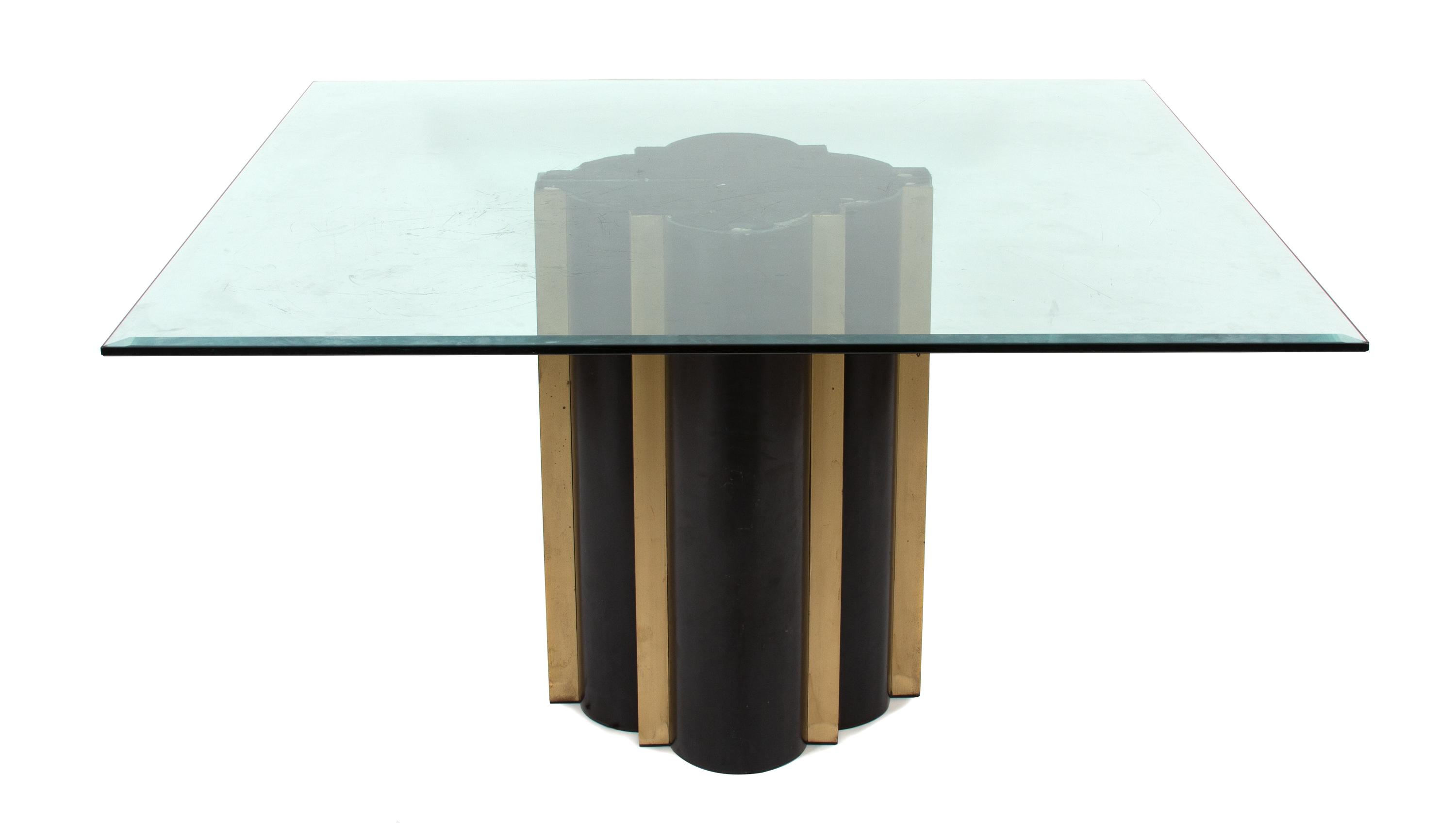 A Mid-Century Modern Bronze Two-Pedestal Dining Table with Glass Top Each pedestal height 28 x width 19 3/4 x depth 9 3/4, top 50 inche — MID-20TH CENTURY
