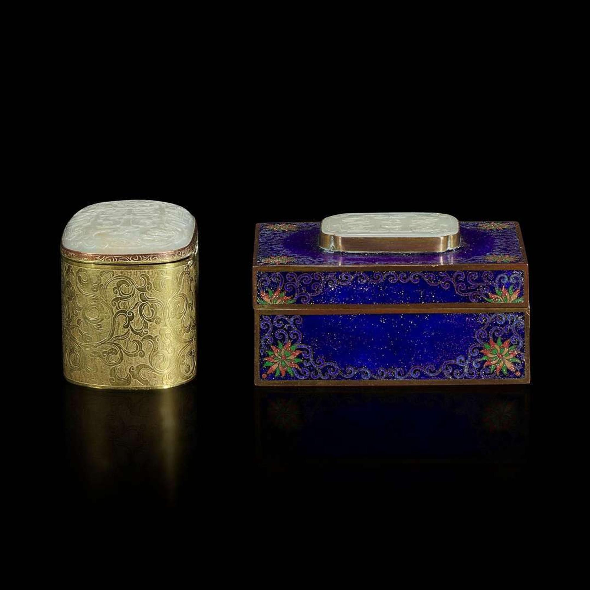 Two Chinese jade-mounted boxes 白玉嵌`金属盒子两件 The jades Qing dynasty ???