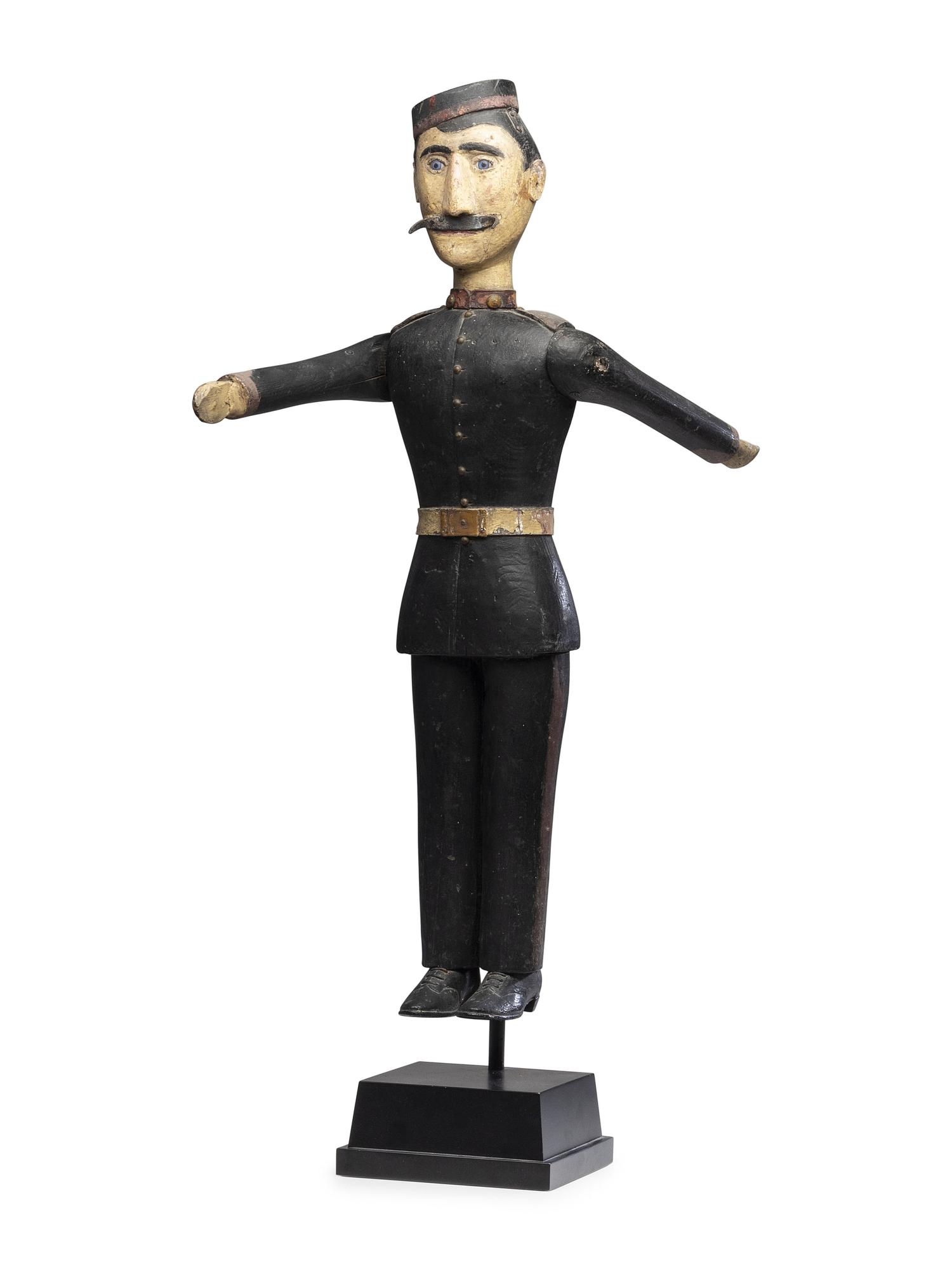 A Carved and Painted Wood Marching Band Cymbal Player Whirligig