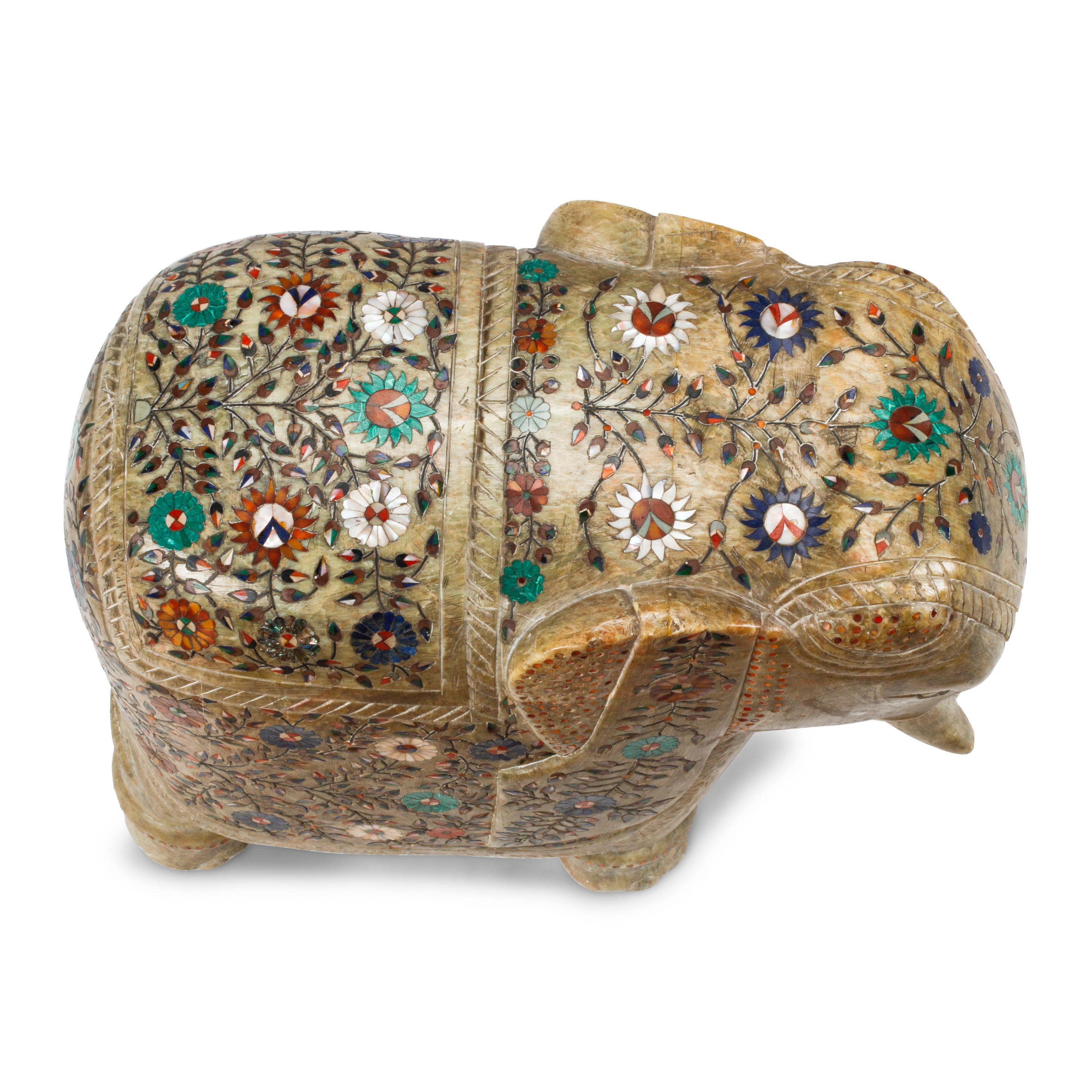 A Carved Marble and Semiprecious Stone-Inlaid Elephant