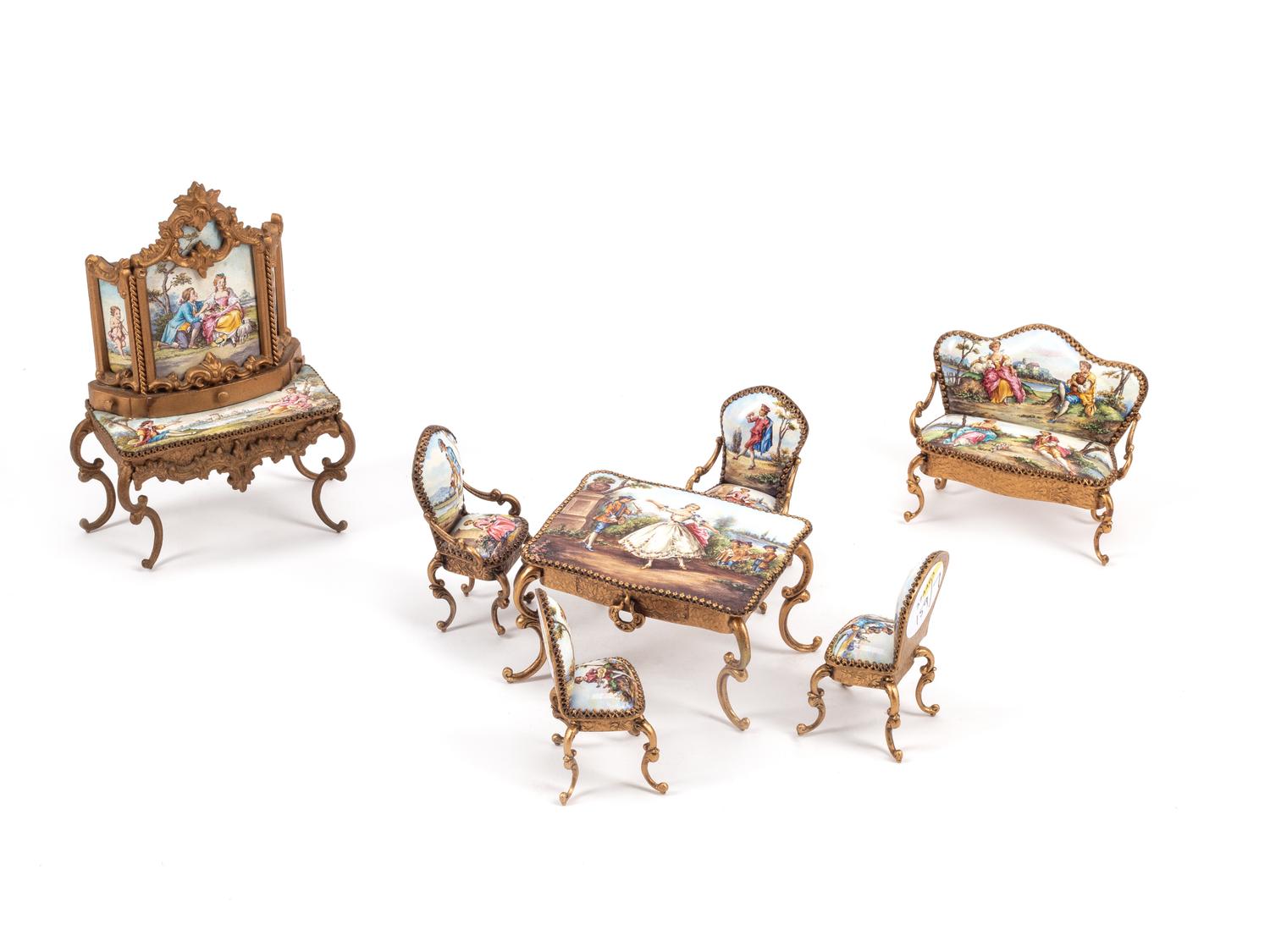 An Austrian Seven-Piece Suite of Enameled and Gilt Metal Miniature Furniture