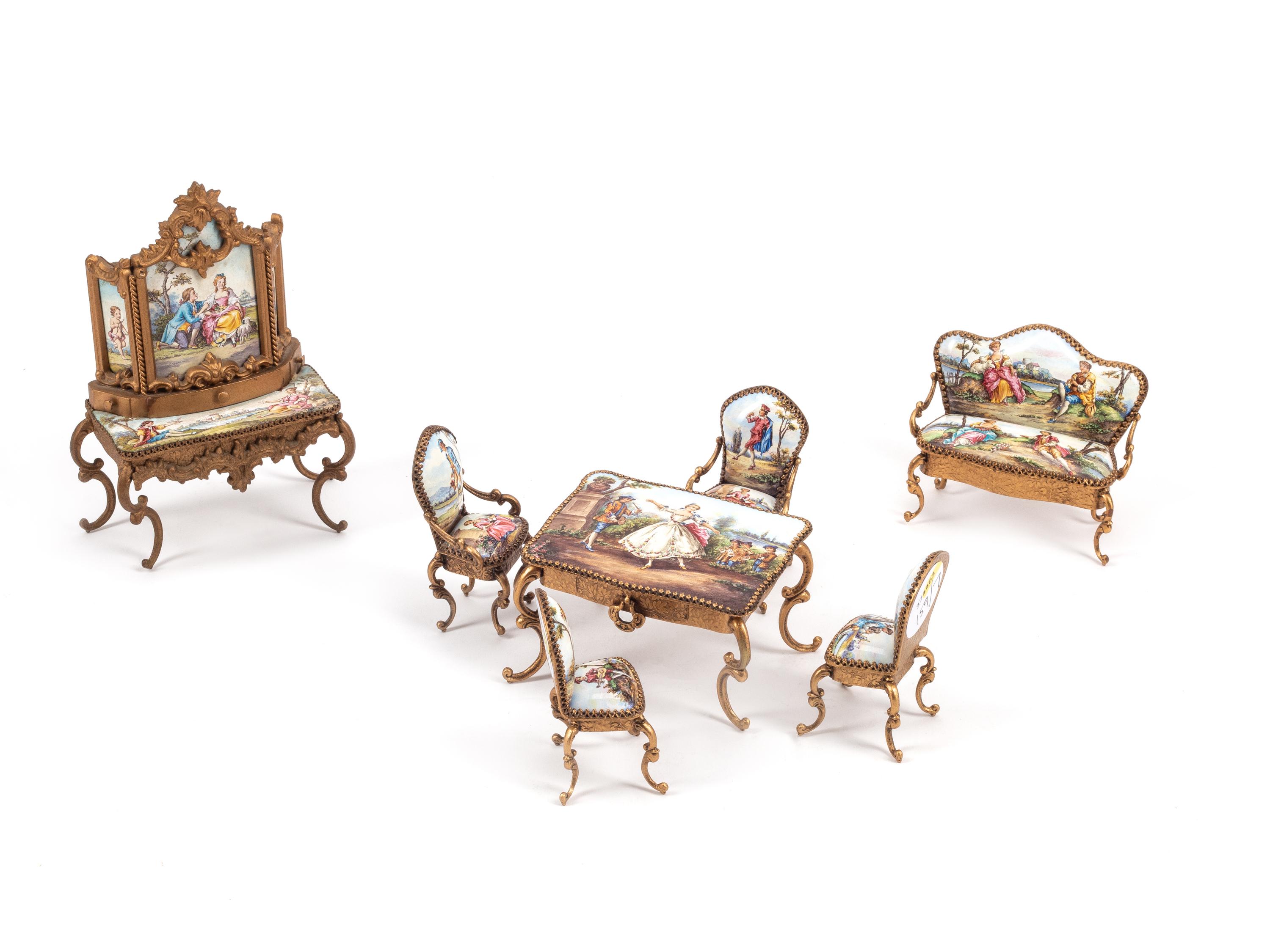 An Austrian Seven-Piece Suite of Enameled and Gilt Metal Miniature Furniture