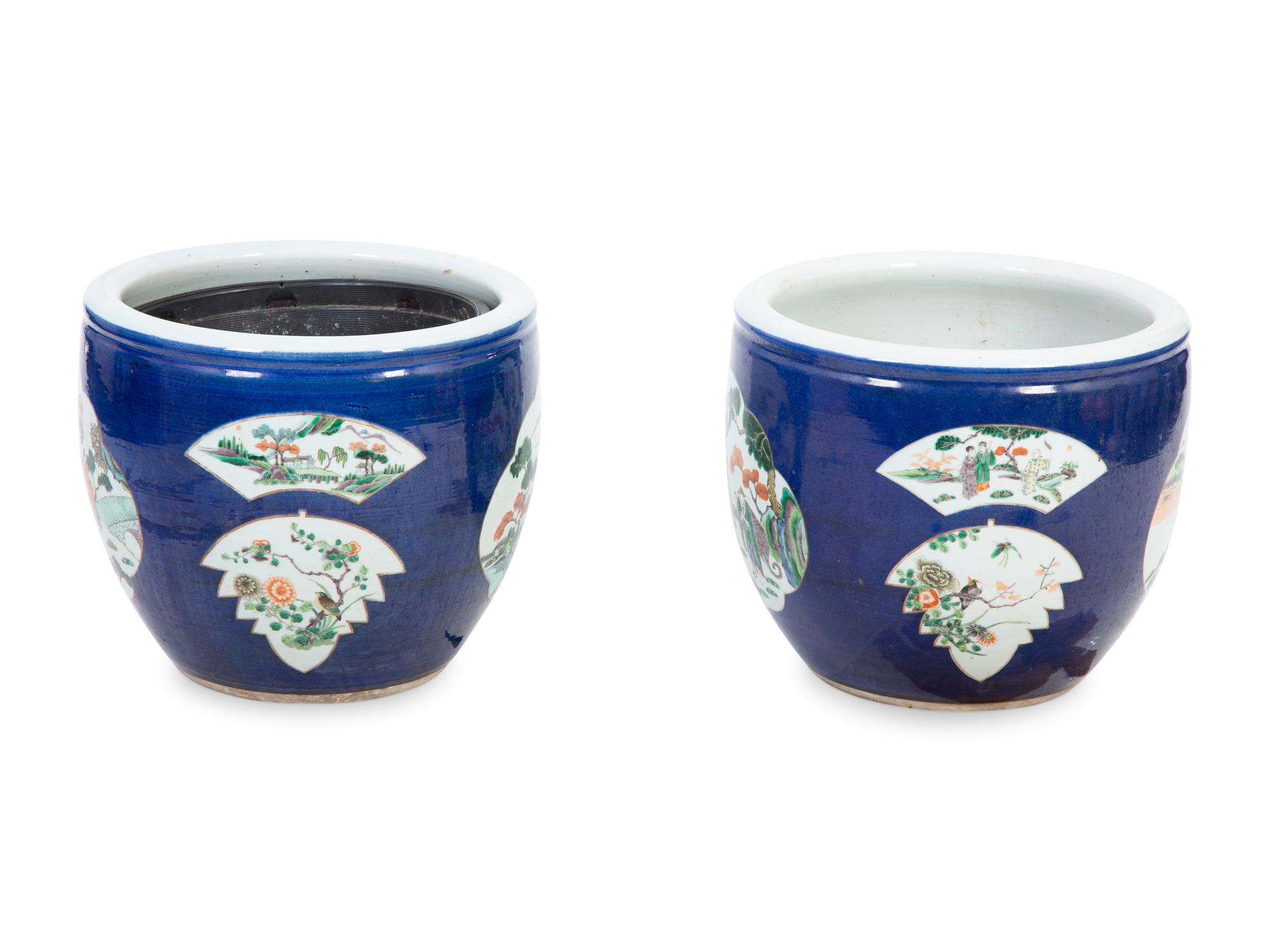 A Pair of Chinese Export Blue Ground Jardinieres with Fan-shaped Figural Scenes — 20TH CENTURY