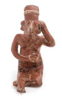 A Mexican Nayarit Polished Earthenware Figure of a Seated Female. Height 7 1/2 x width 5 x depth 6 1/2 inches.