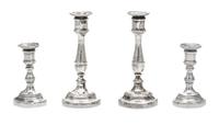 Two Pairs of American Silver Candlesticks, Obadiah Fisher, New York, NY, each having a baluster form stem surmounting a stepped foot wi