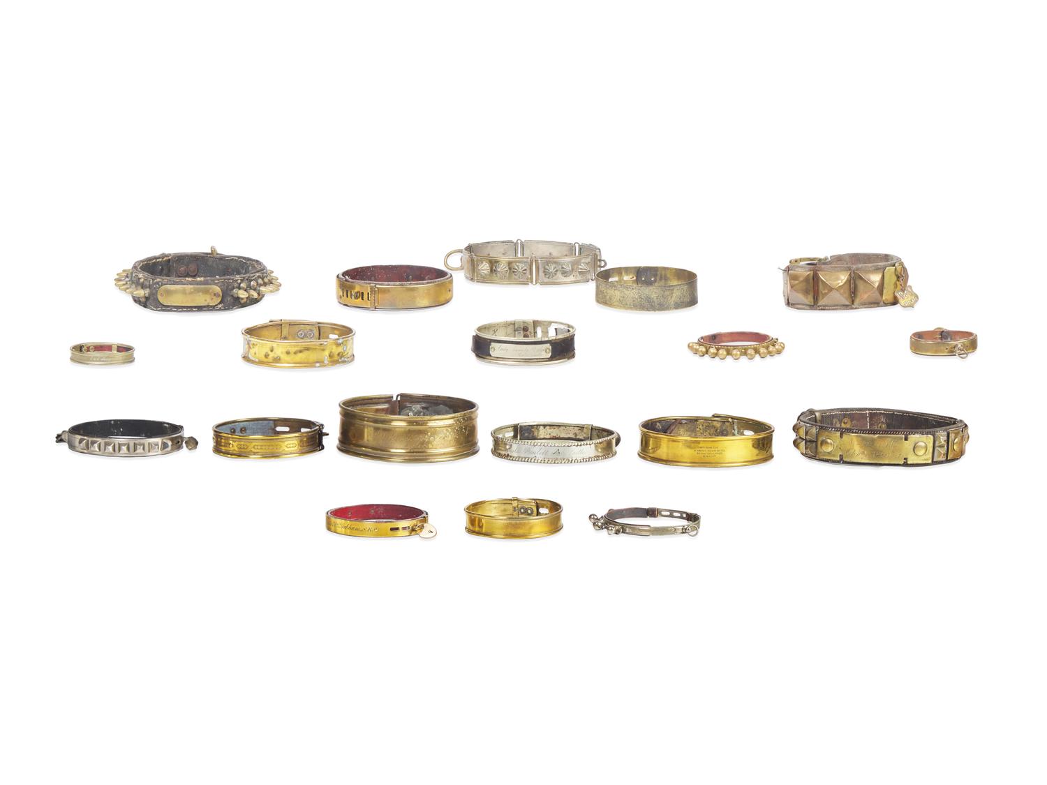 A Group of Nineteen Brass and Mixed Metal-Mounted Dog Collars