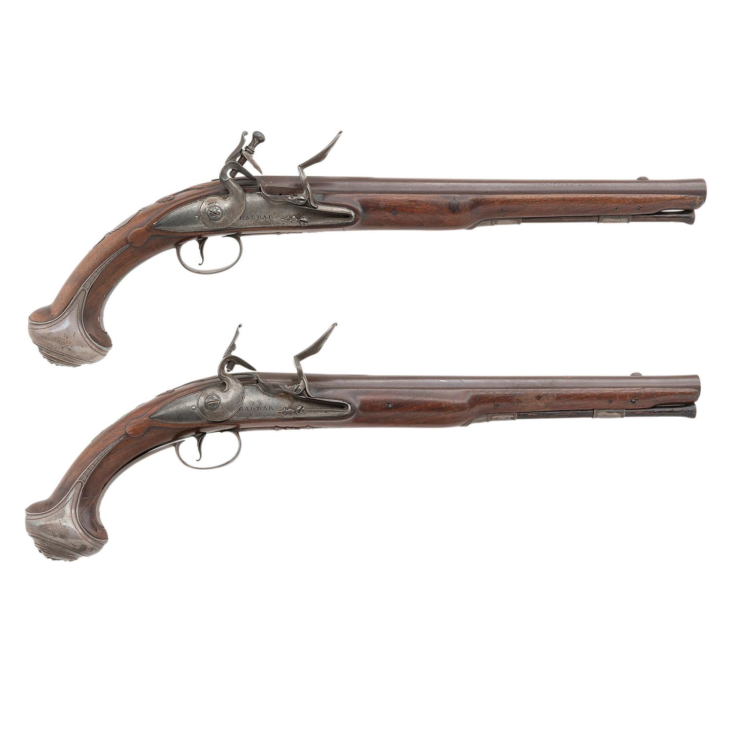 Pair of Silver Mounted English Flintlock Holster Pistols by Barbar