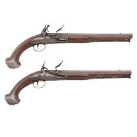 Pair of Silver Mounted English Flintlock Holster Pistols by Barbar