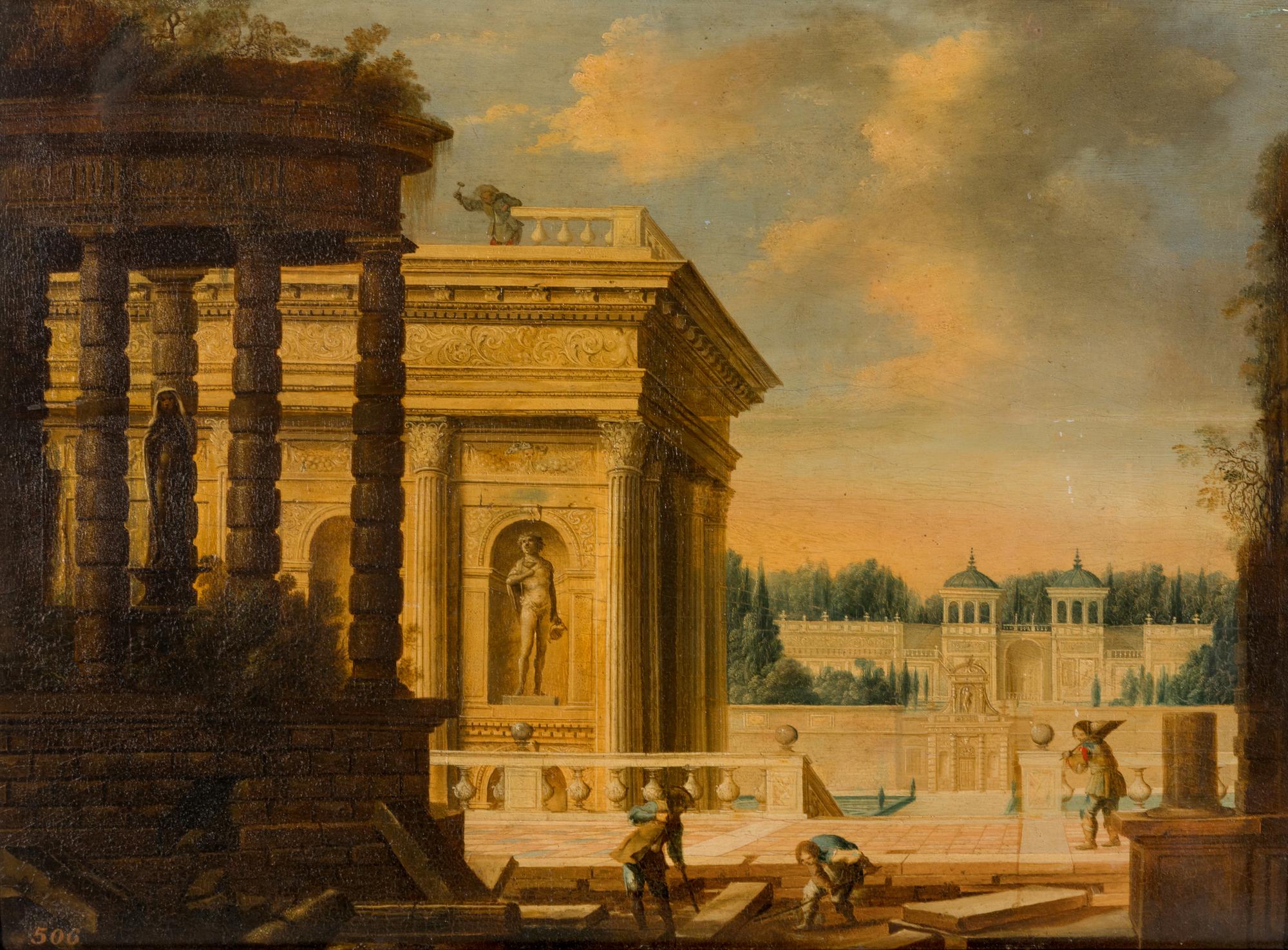 A Capriccio View of a Classical Palace, the Grounds being Finished by Men Setting Paving