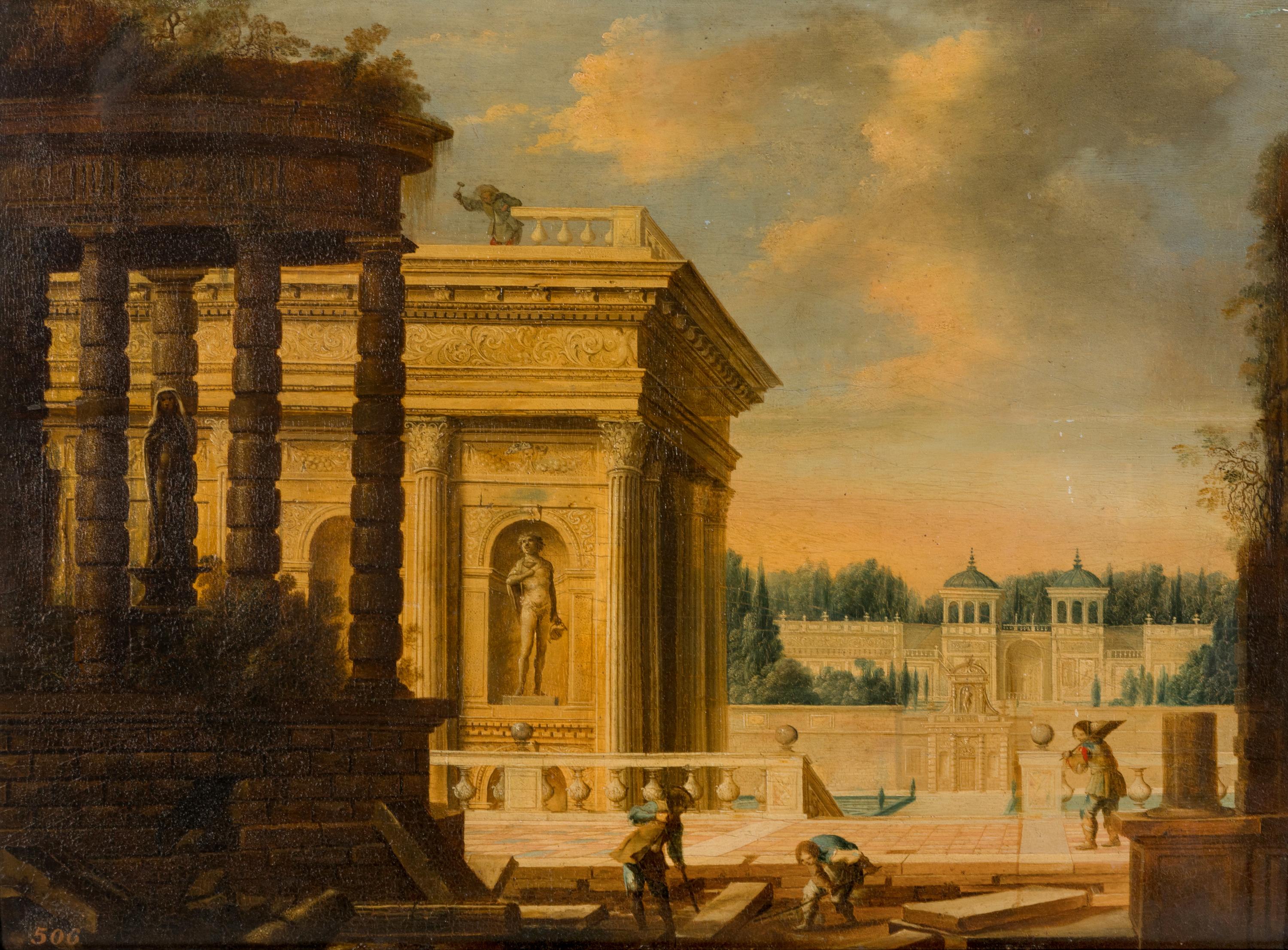 A Capriccio View of a Classical Palace, the Grounds being Finished by Men Setting Paving