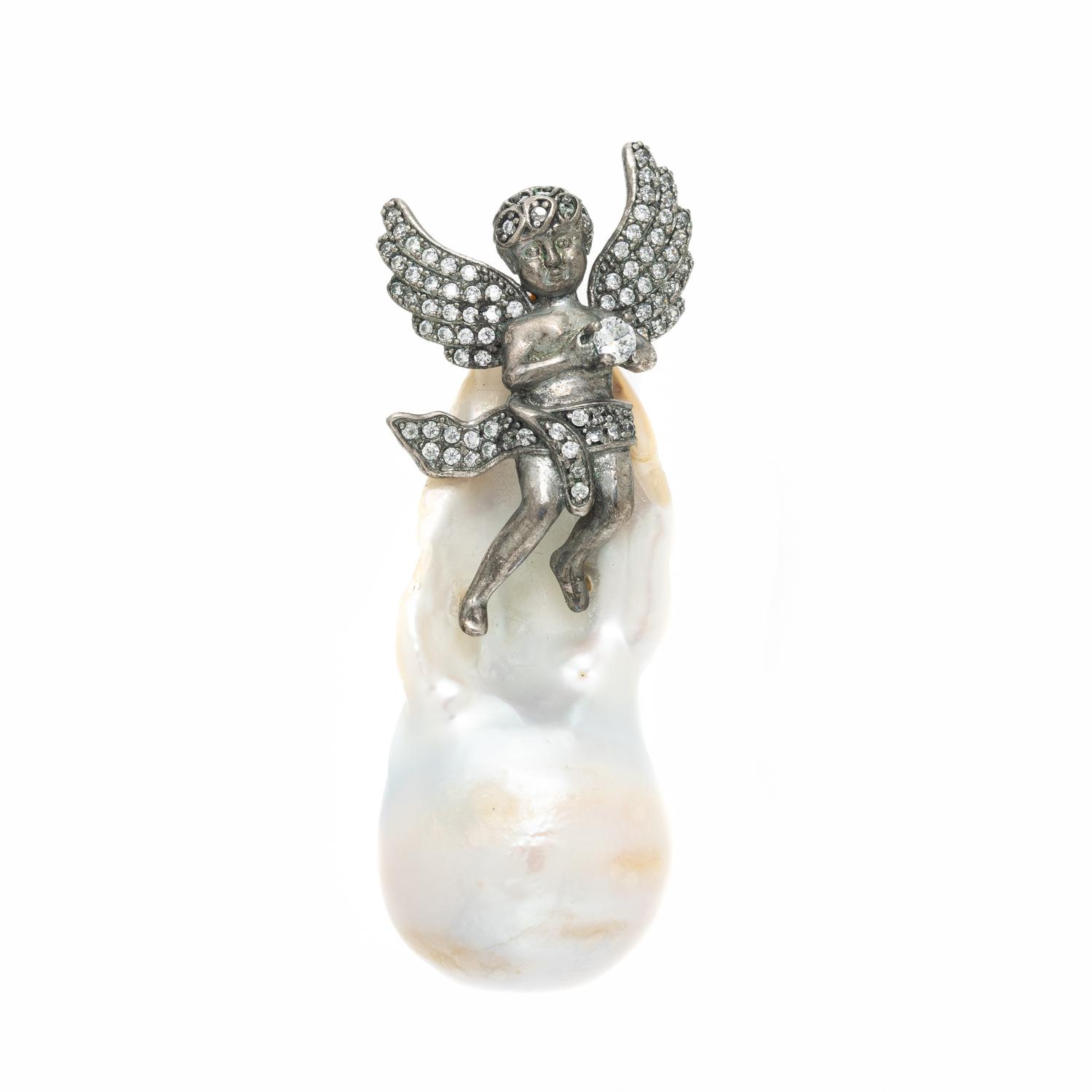 BAROQUE CULTURED PEARL AND PINK CRYSTAL ANGEL PENDANT