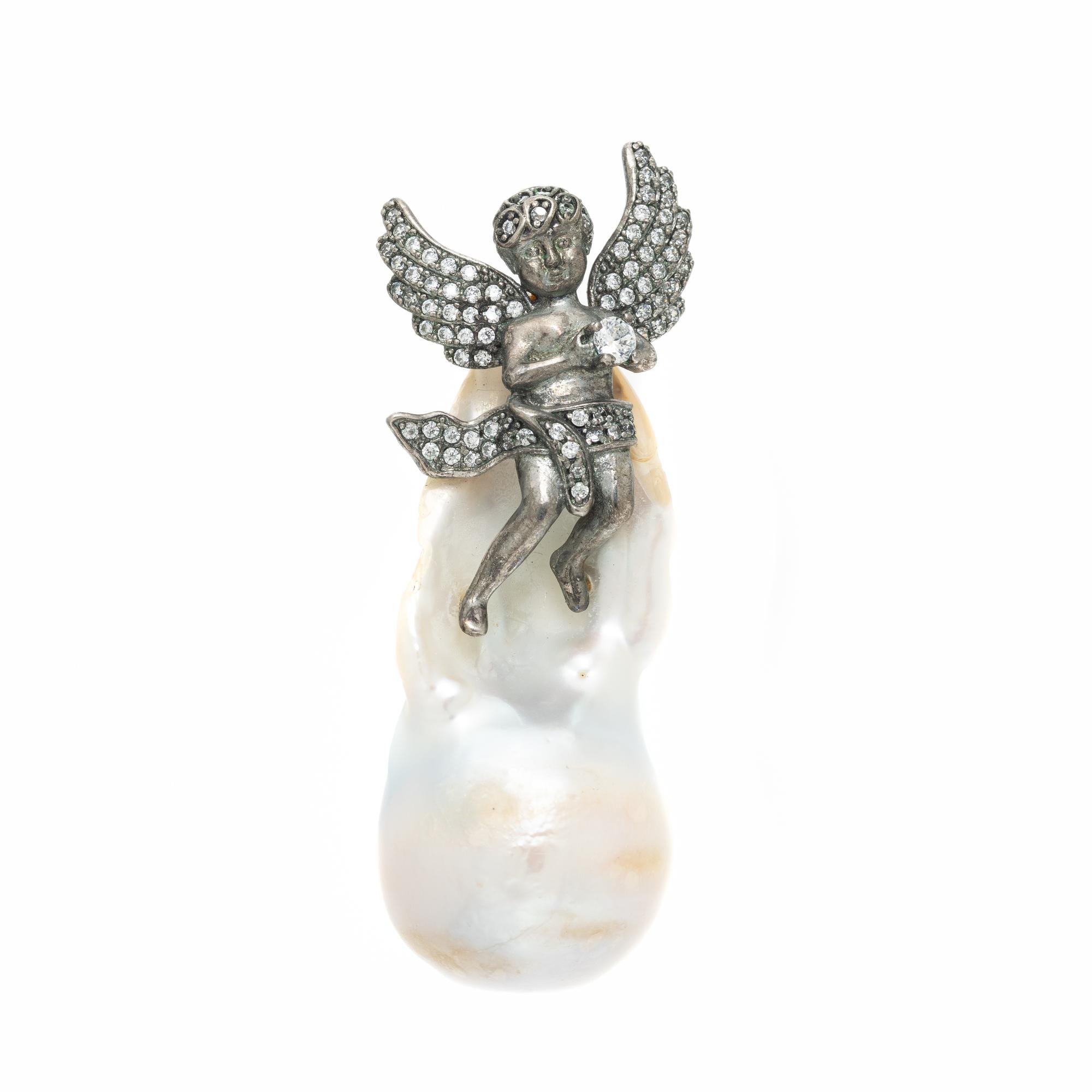 BAROQUE CULTURED PEARL AND PINK CRYSTAL ANGEL PENDANT