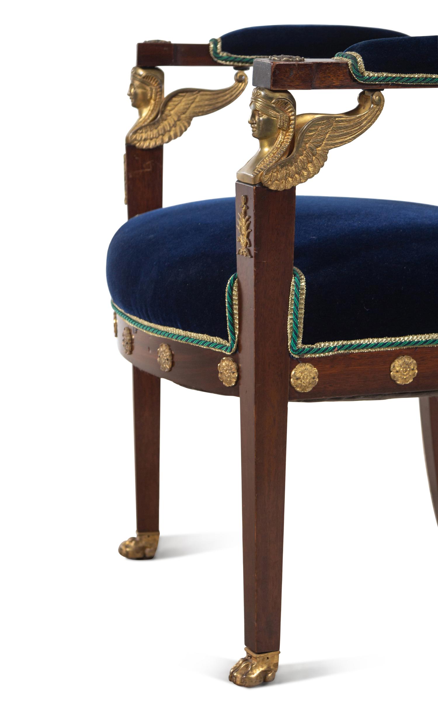 An Empire Style Gilt Bronze Mounted Velvet-Upholstered Mahogany Fauteuil