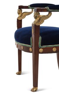 An Empire Style Gilt Bronze Mounted Velvet-Upholstered Mahogany Fauteuil