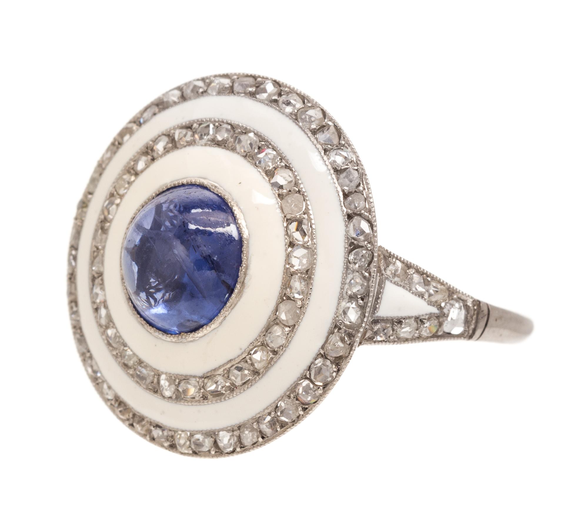 A Platinum, Sapphire, Diamond and Enamel Ring, 6.20 dwts.