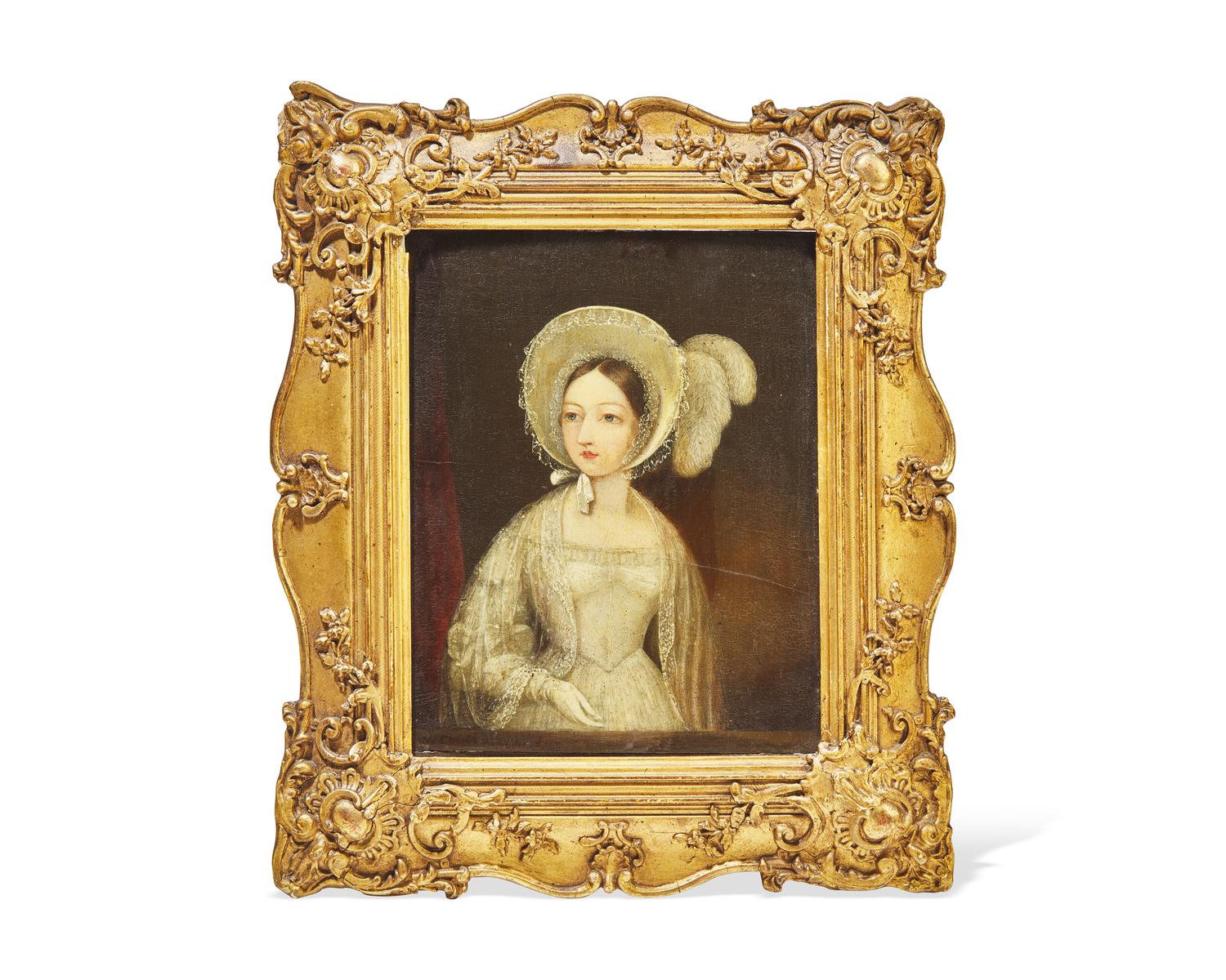 Attributed to William Corden the Younger (English, 1819-1900), A Small Portrait of Queen Victoria Standing on the East Terrace at Windsor Castle , circa 1840