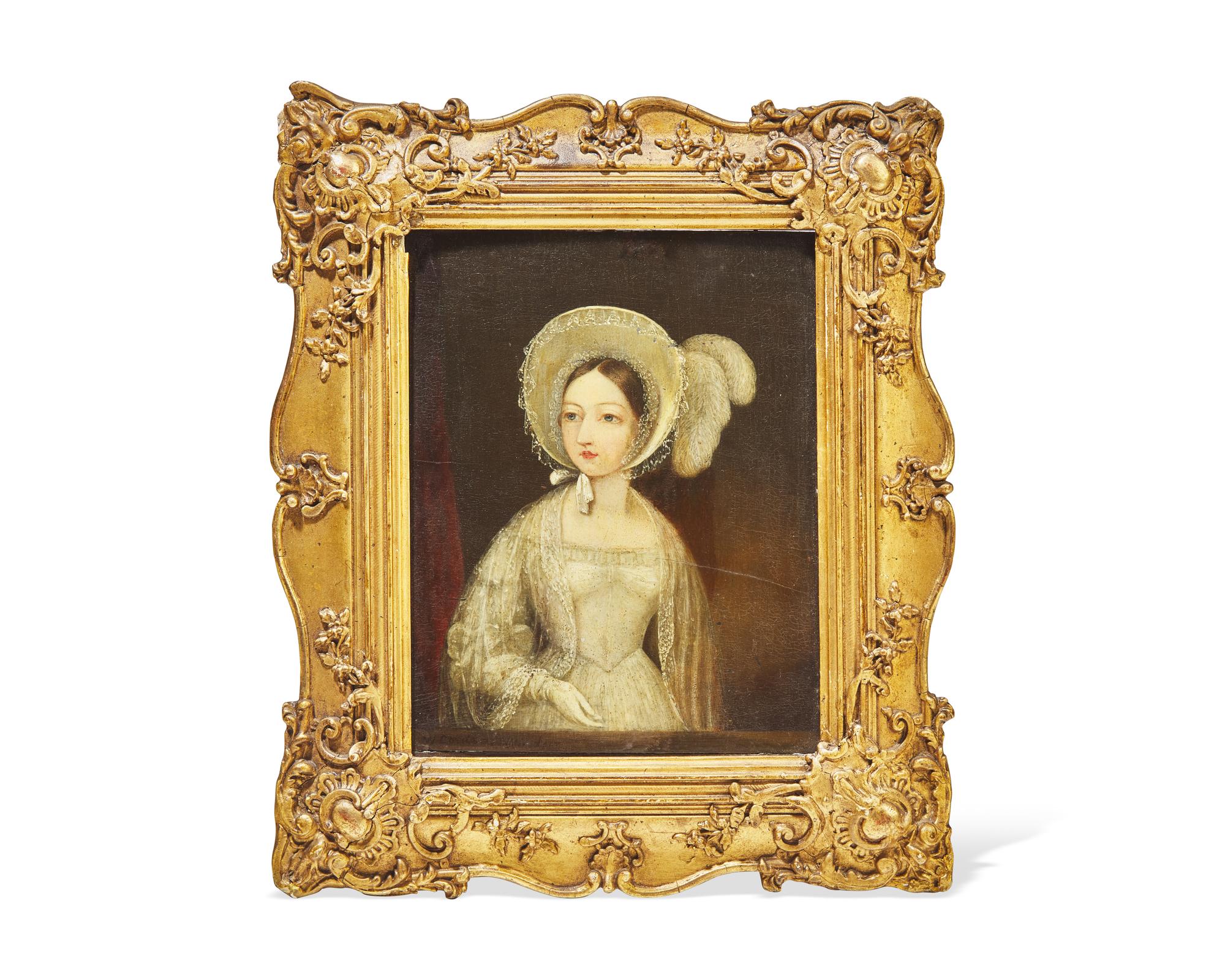 Attributed to William Corden the Younger (English, 1819-1900), A Small Portrait of Queen Victoria Standing on the East Terrace at Windsor Castle , circa 1840