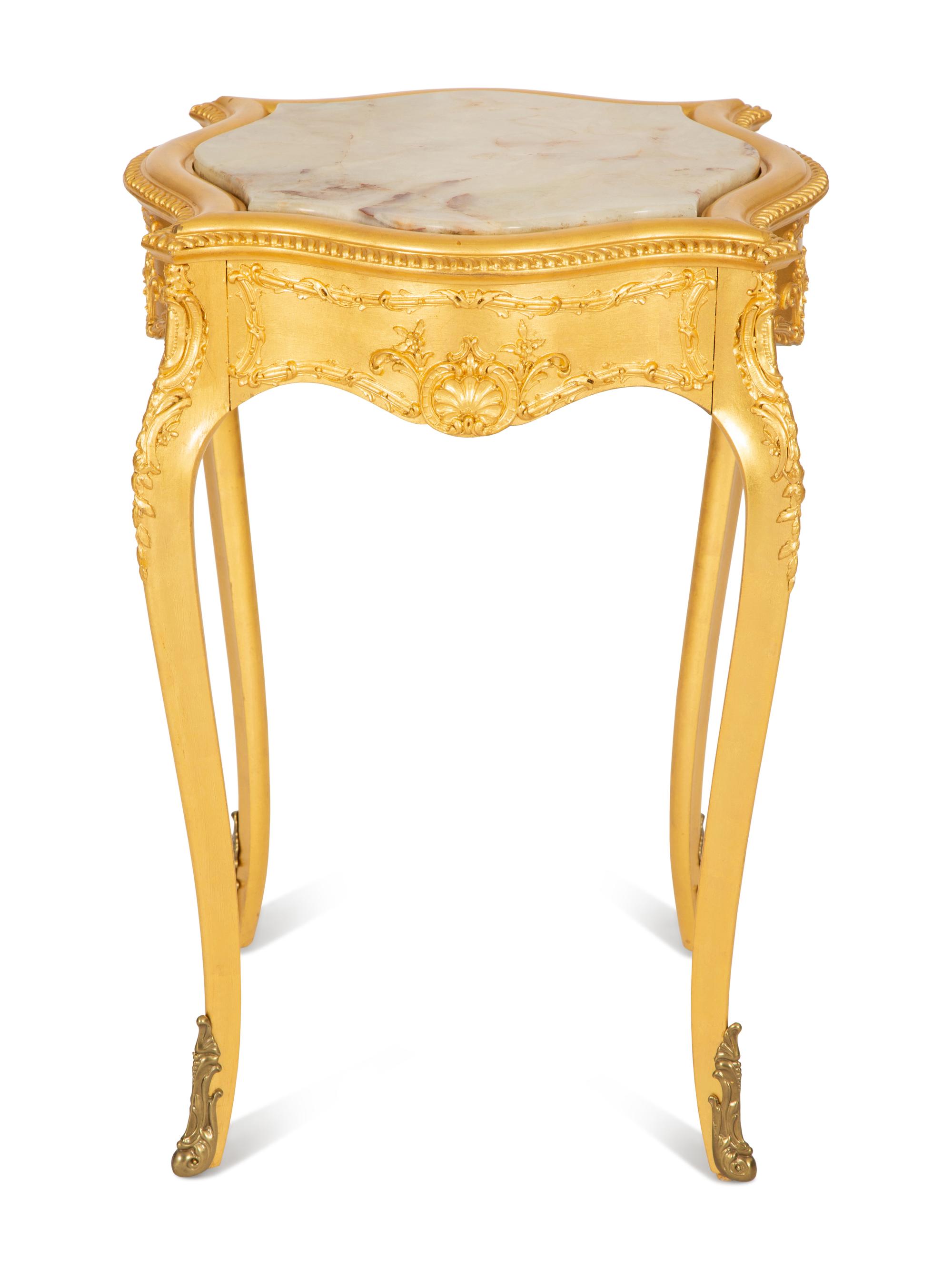 A Louis XV Style Giltwood Side Table with Inset Marble Top