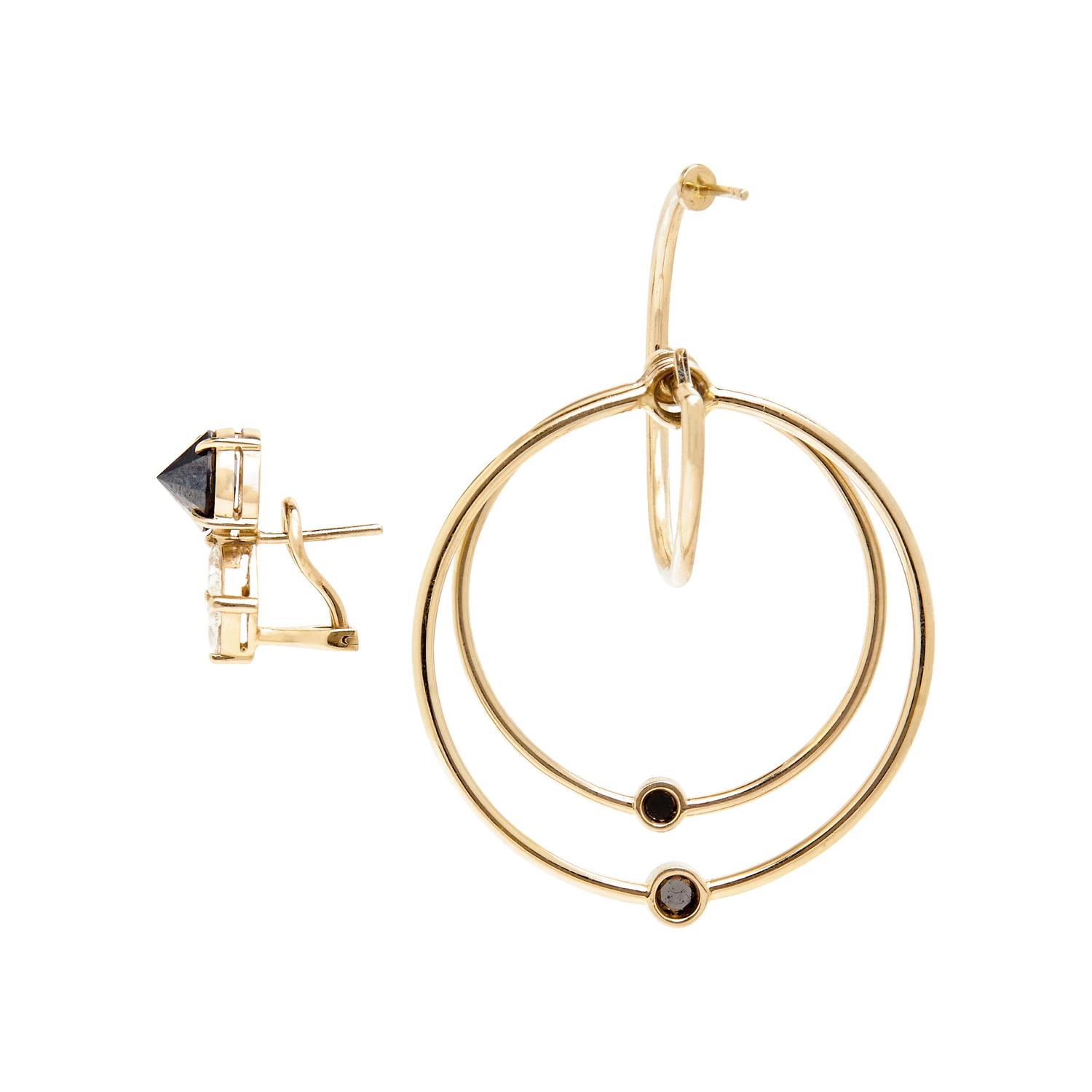YELLOW GOLD, DIAMOND, AND BLACK DIAMOND MISMATCHED EAR PENDANT AND STUD EARRING
