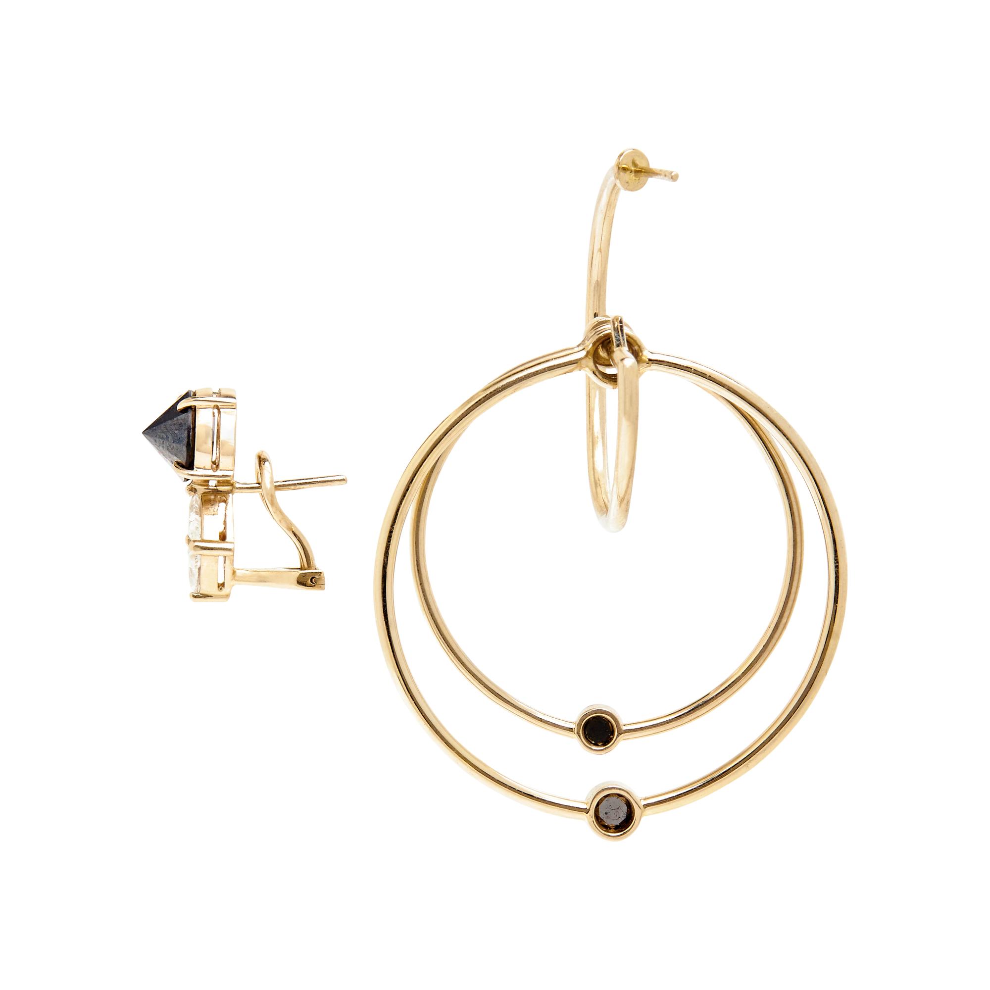 YELLOW GOLD, DIAMOND, AND BLACK DIAMOND MISMATCHED EAR PENDANT AND STUD EARRING