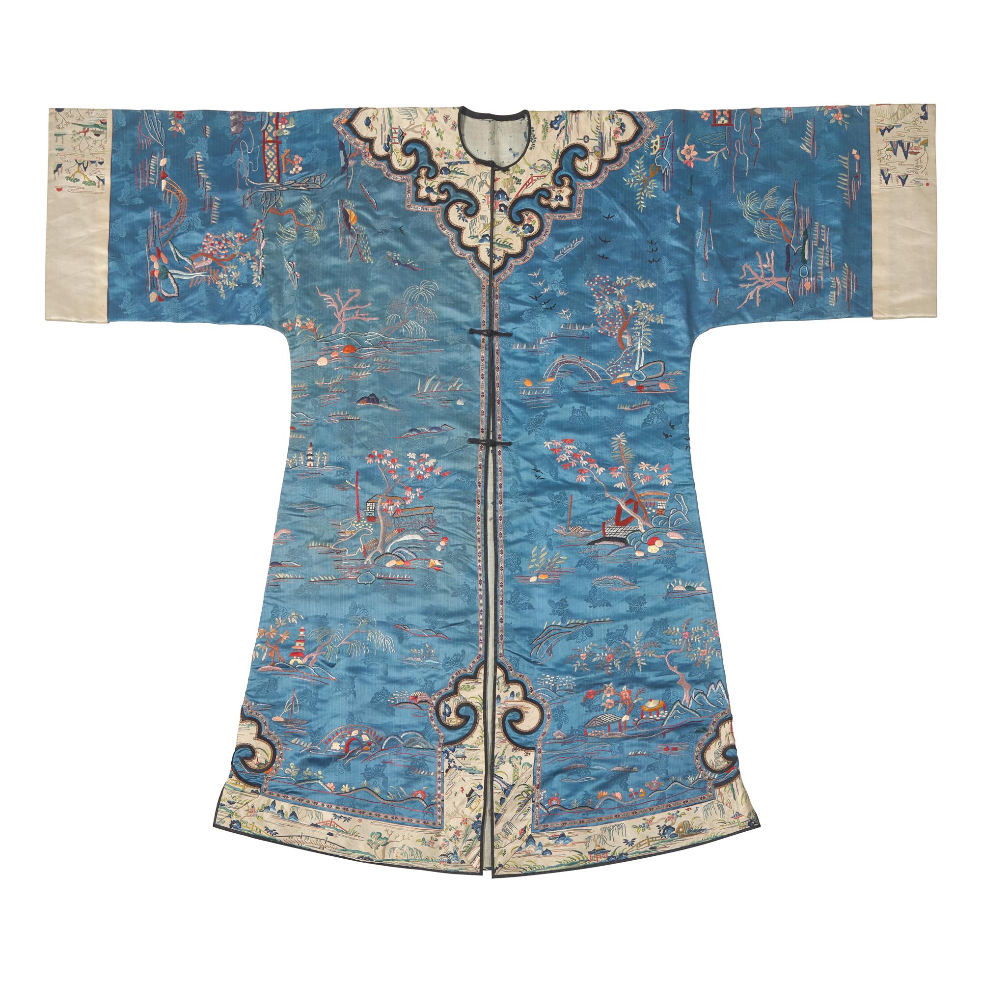 A Chinese Lady's Embroidered Silk "Landscapes" Surcoat, Late Qing Dynasty — 清晚期 月白蝴蝶暗花錦地綉山水紋女襖