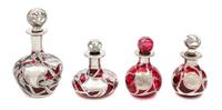 Four Silver Overlay Glass Perfume Bottles Height of tallest 5 inches.