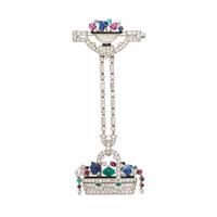 Lacloche Frères, Art Deco, Diamond, Ruby, Emerald, and Sapphire Lapel Watch