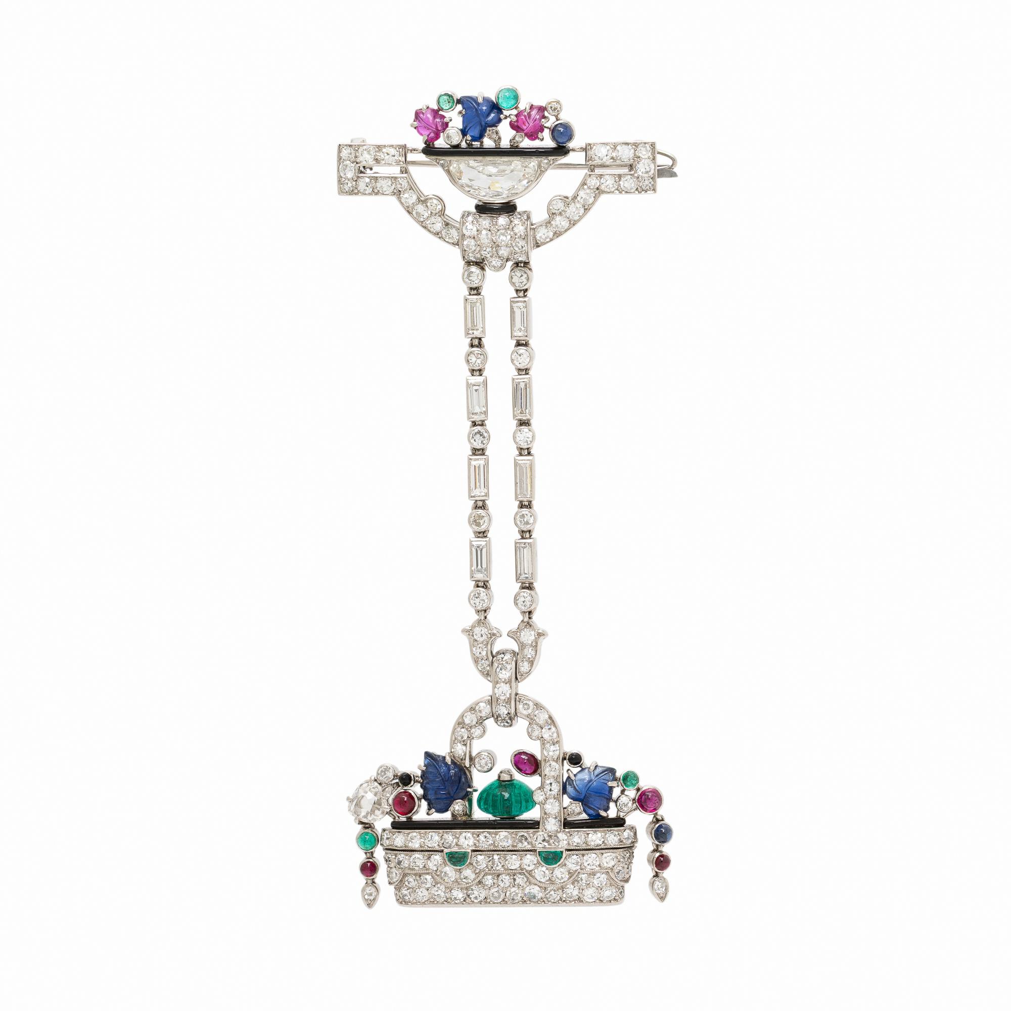 Lacloche Frères, Art Deco, Diamond, Ruby, Emerald, and Sapphire Lapel Watch