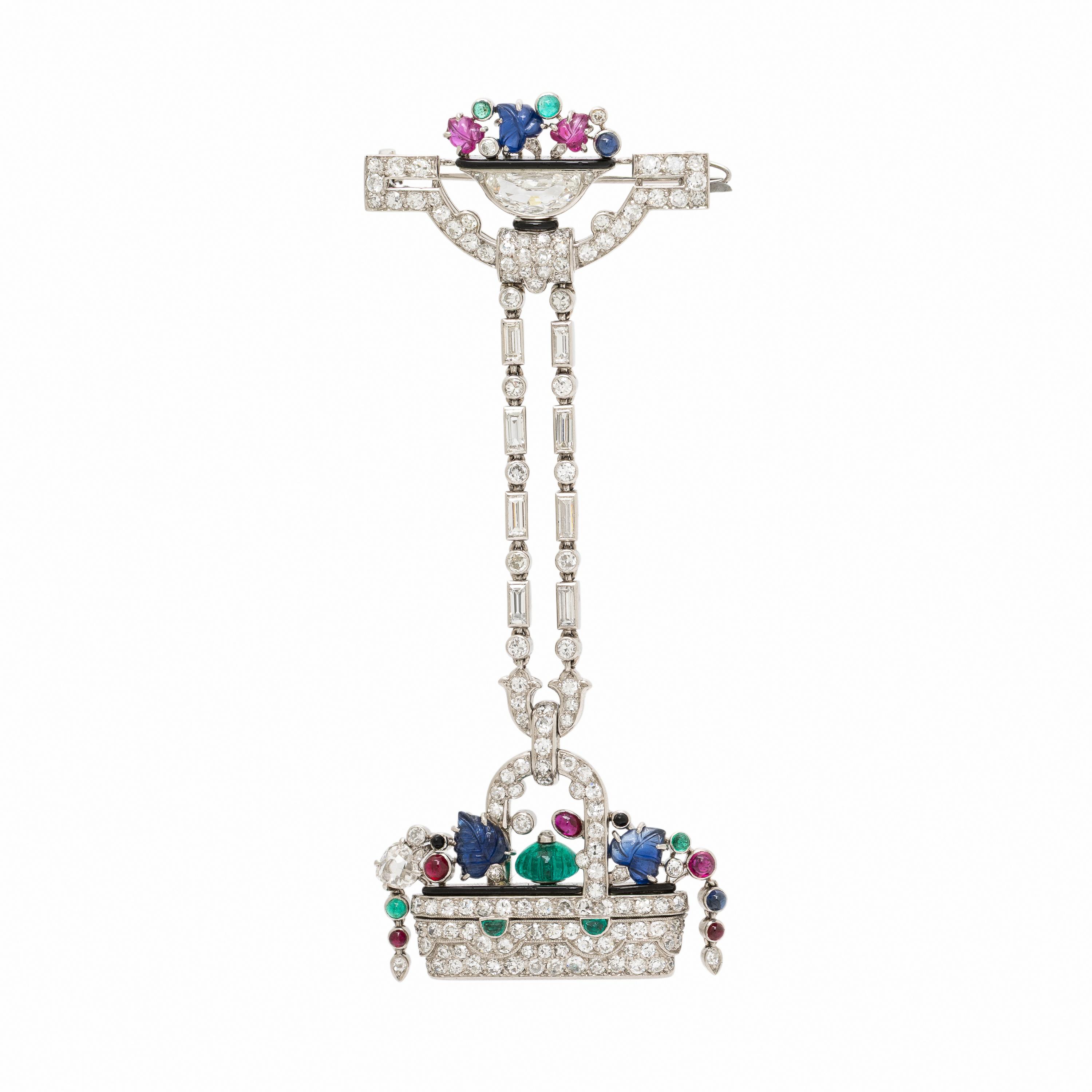 Lacloche Frères, Art Deco, Diamond, Ruby, Emerald, and Sapphire Lapel Watch
