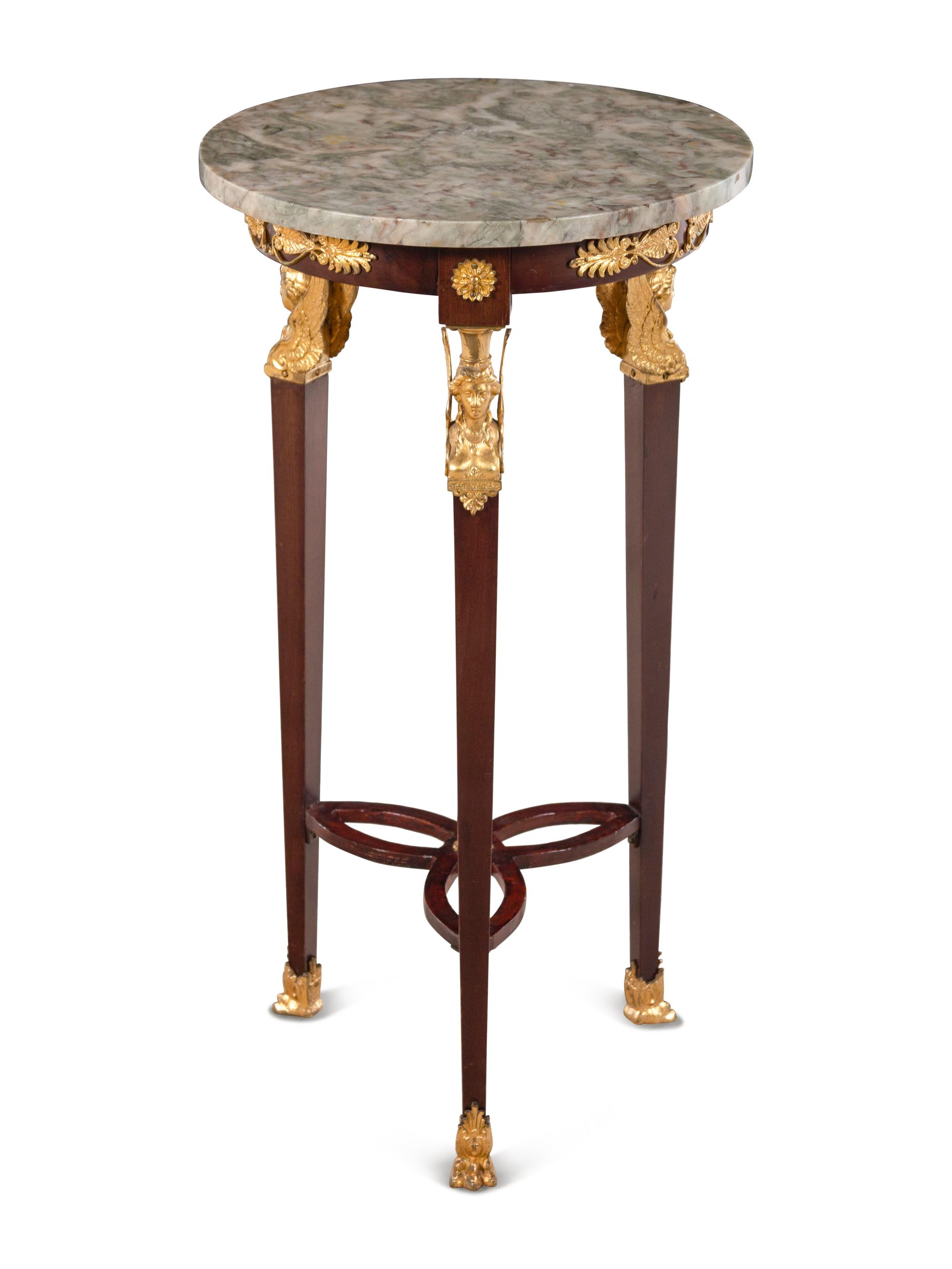 An Empire Style Gilt Bronze Mounted Mahogany Marble-Top Side Table