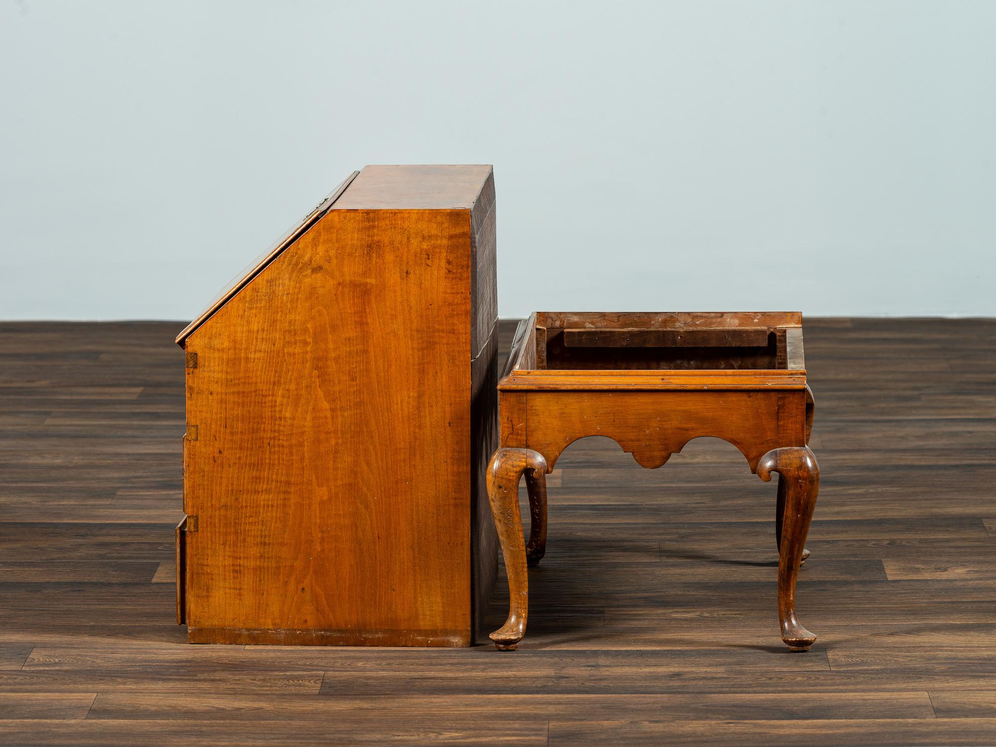 A Diminutive Queen Anne Style Tiger Maple Desk on Stand