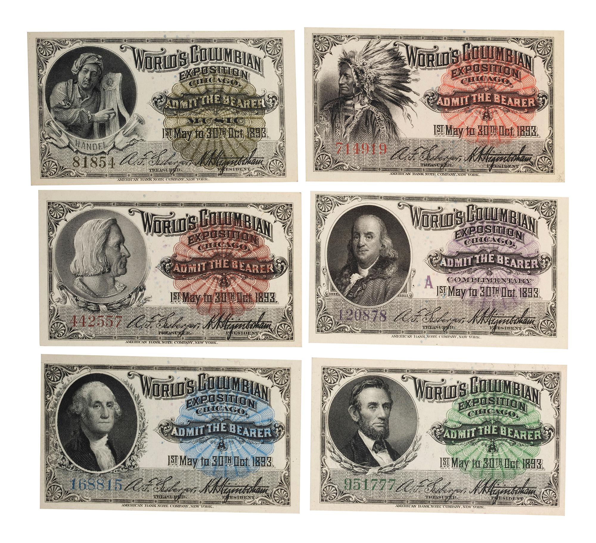 [GENERAL AMERICANA]. World's Columbian Exposition group of tickets and State of Louisiana $5 dollar bonds.