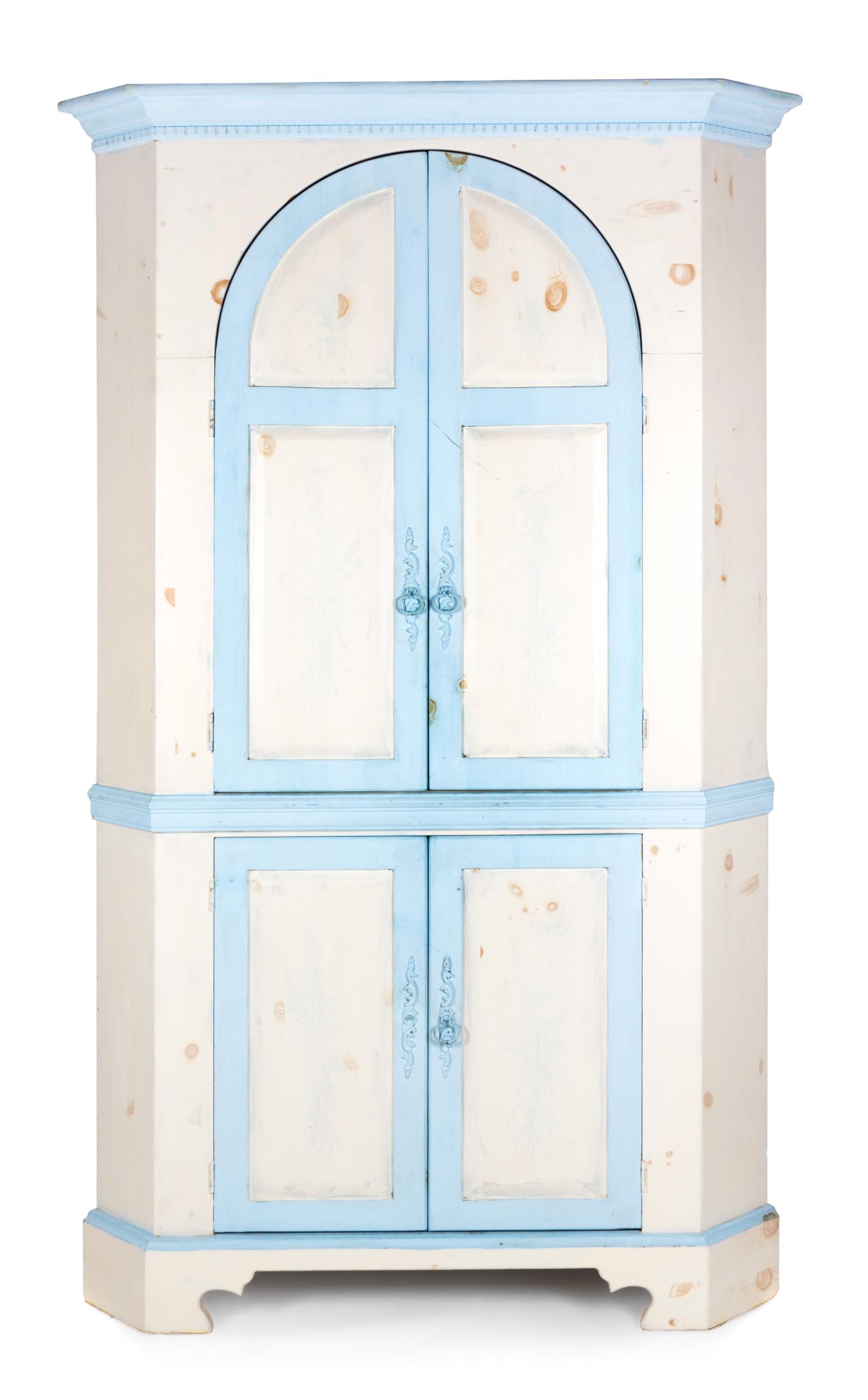 A George III Style Blue and Cream Painted Corner Cabinet Height 82 x width 34 1/4 x depth 34 1/4 inches. — 20TH CENTURY