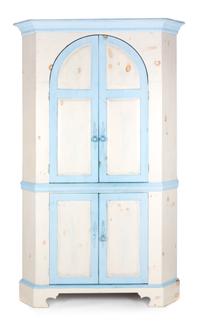 A George III Style Blue and Cream Painted Corner Cabinet Height 82 x width 34 1/4 x depth 34 1/4 inches. — 20TH CENTURY