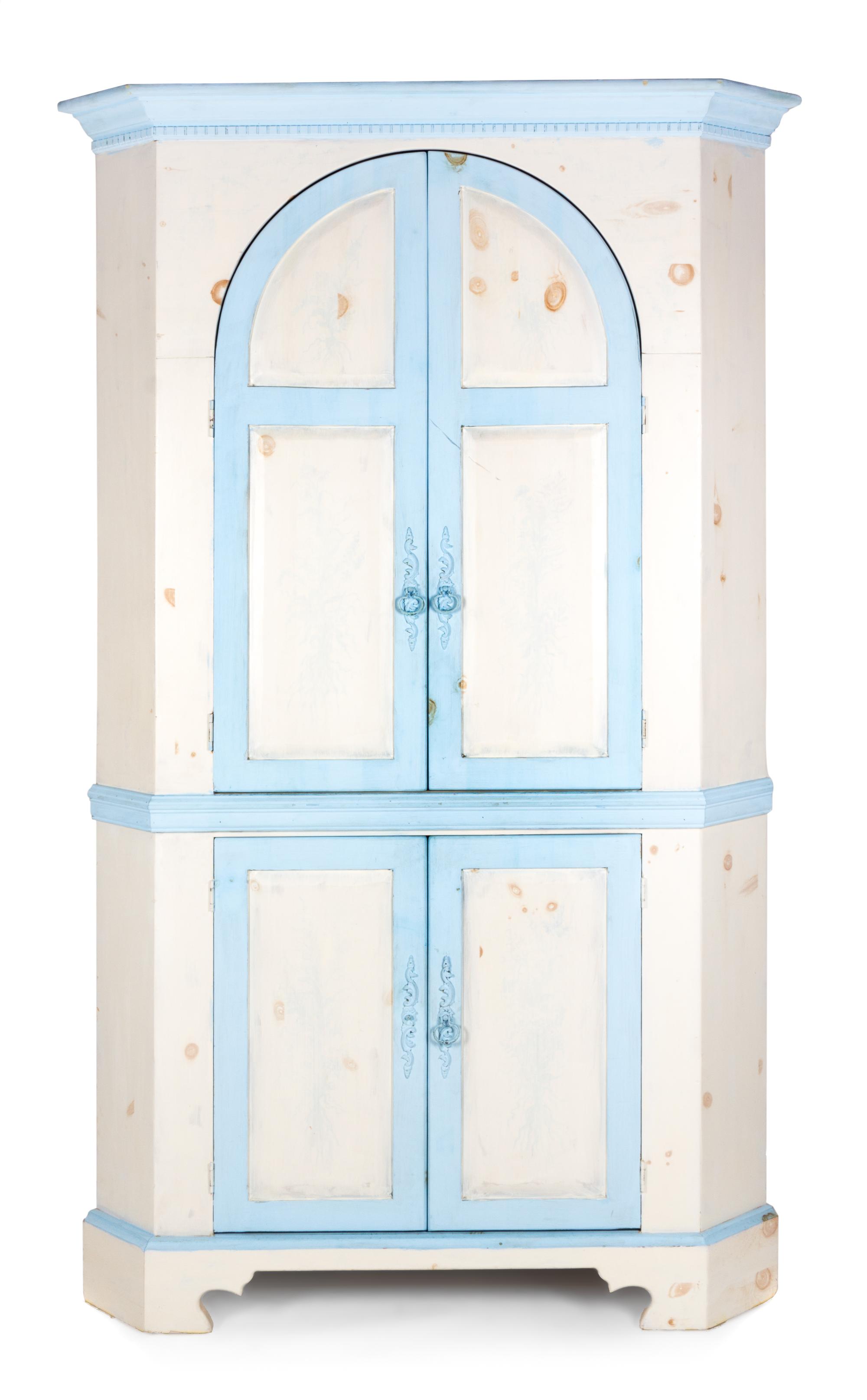 A George III Style Blue and Cream Painted Corner Cabinet Height 82 x width 34 1/4 x depth 34 1/4 inches. — 20TH CENTURY