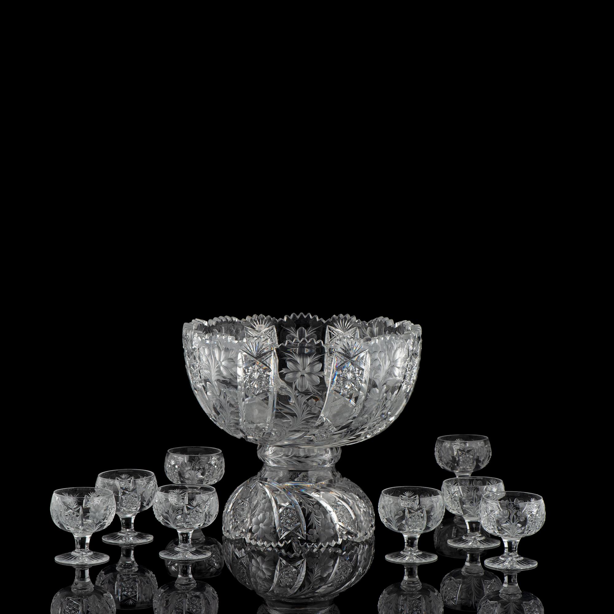 A Tuthill Intaglio-Cut Glass Punch Bowl with Eight Cups