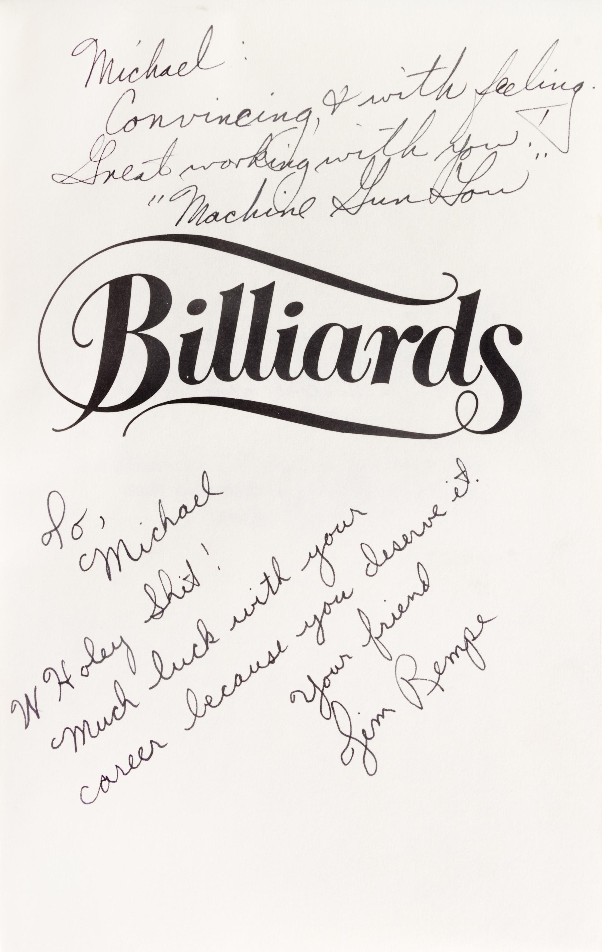 GRISSIM JOHN. Billiards. New York, [1978] First ed. Signed by 10 cast members of the movie The Baltimore Bullet, (1980).