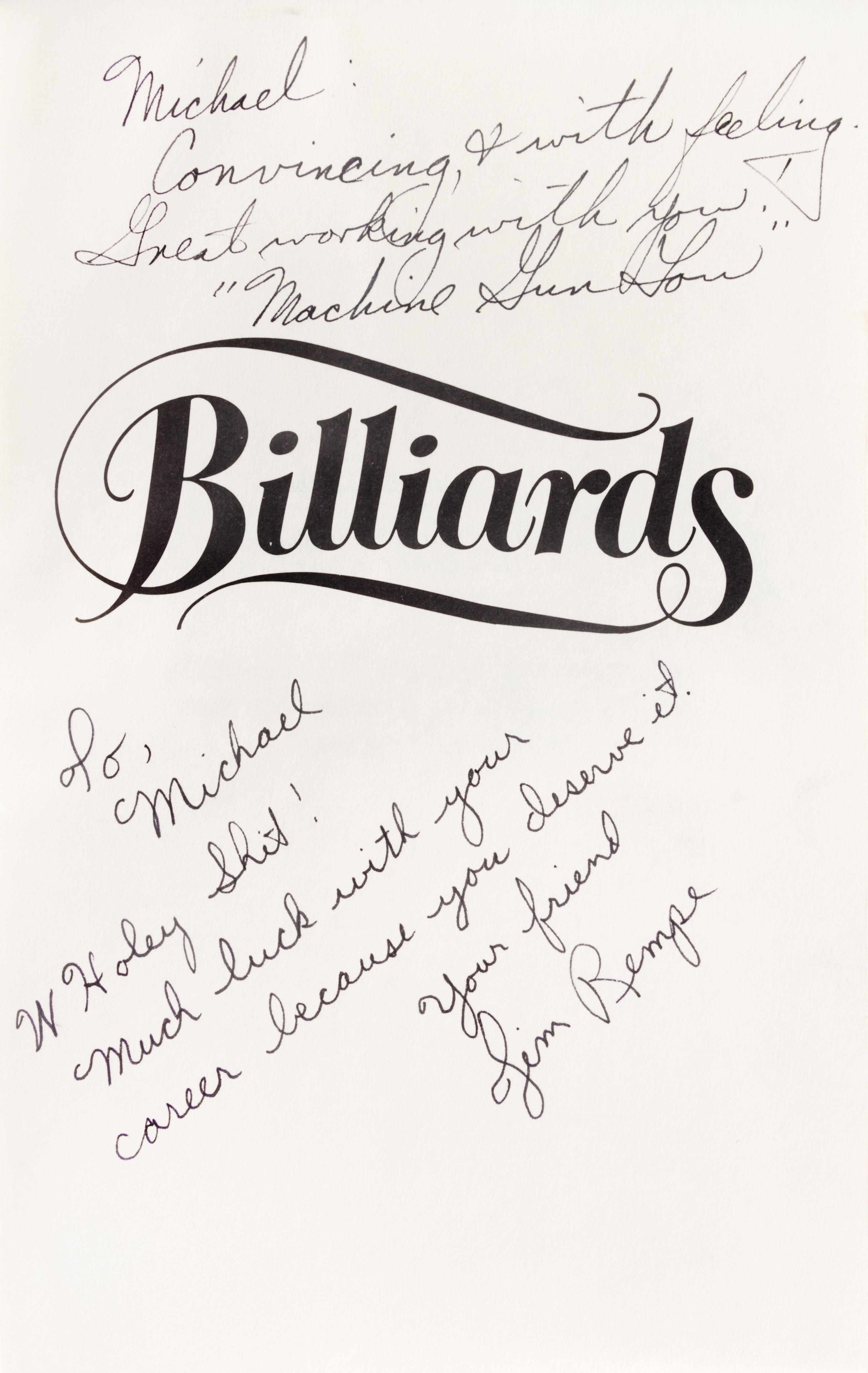 GRISSIM JOHN. Billiards. New York, [1978] First ed. Signed by 10 cast members of the movie The Baltimore Bullet, (1980).