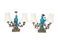 A Pair of Chinese Export Porcelain and Gilt Metal Mounted Two-Light Lamps