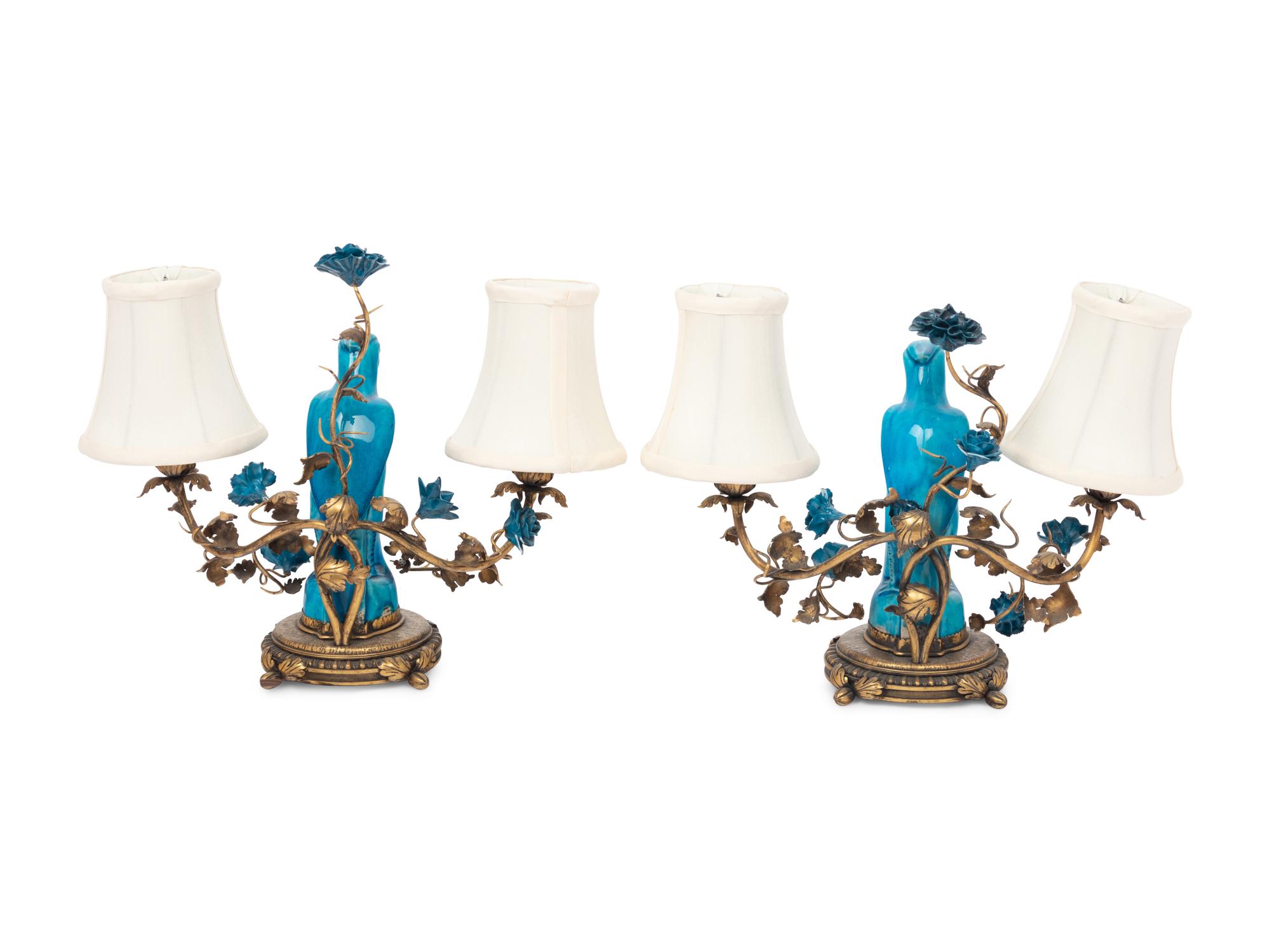 A Pair of Chinese Export Porcelain and Gilt Metal Mounted Two-Light Lamps