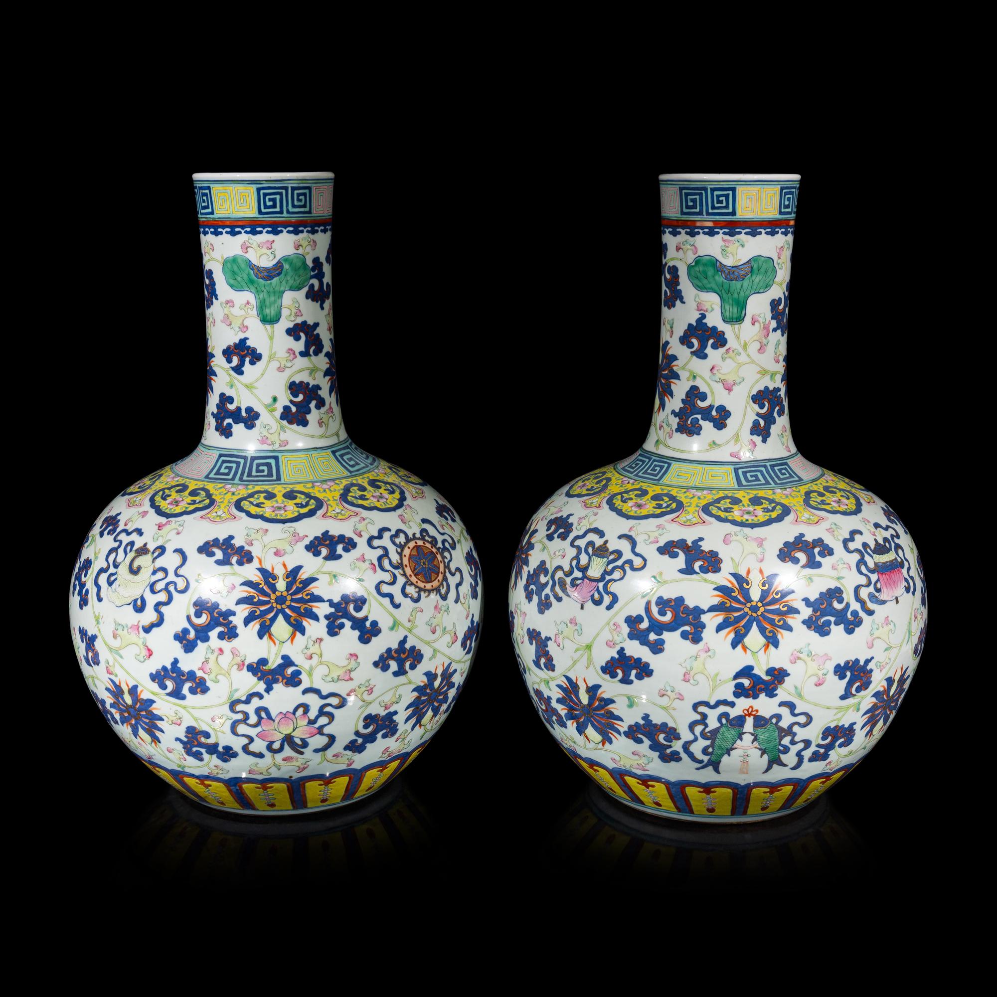A Pair of Large Chinese Famille Rose Porcelain 'Bajixiang' Vases, Tianqiuping , Late 19th-Early 20th Century 清晚期 粉彩八吉祥大天球瓶一對