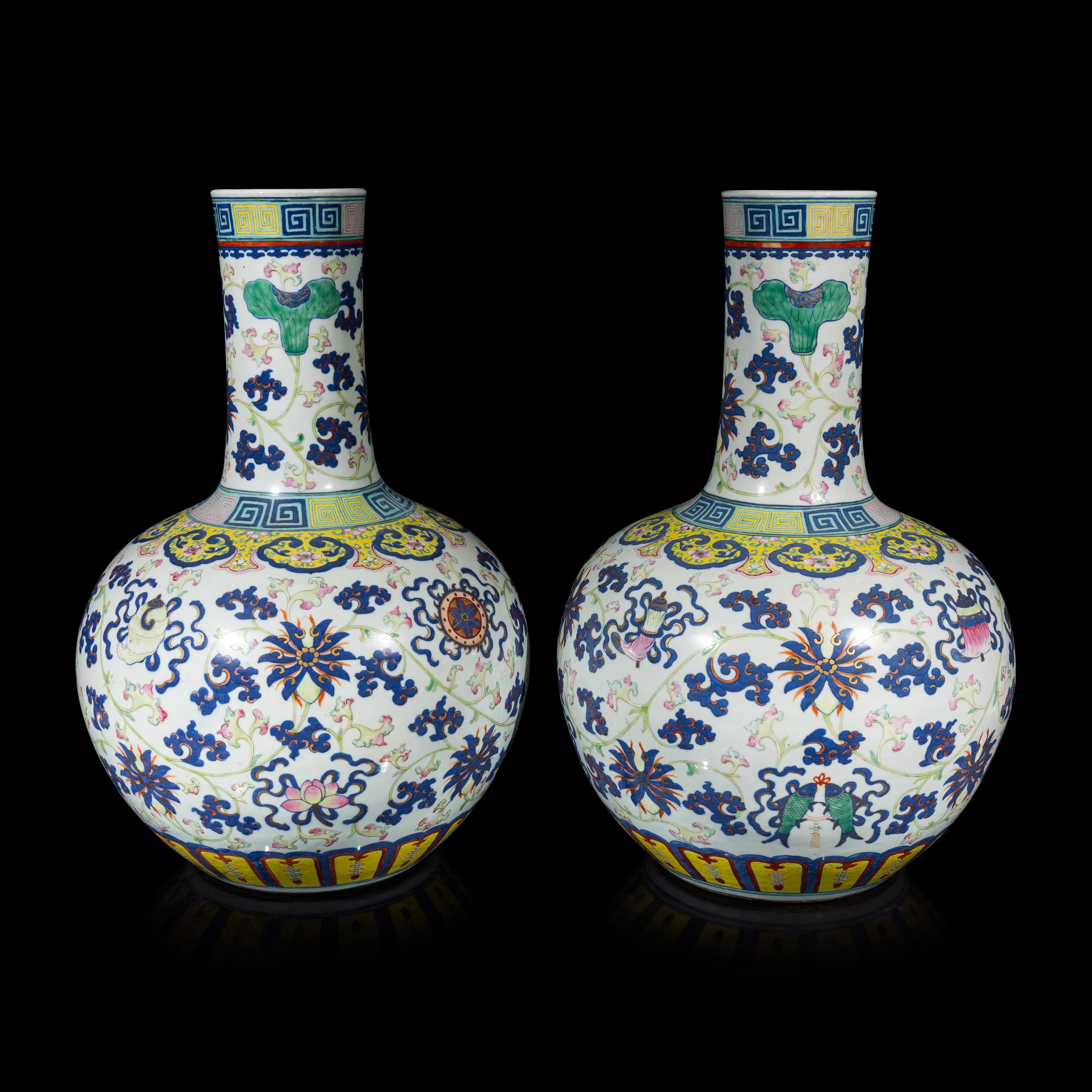 A Pair of Large Chinese Famille Rose Porcelain 'Bajixiang' Vases, Tianqiuping , Late 19th-Early 20th Century 清晚期 粉彩八吉祥大天球瓶一對