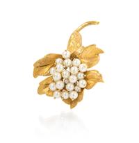 An 18 Karat Yellow Gold and Cultured Pearl Floral Brooch, Cellino, 17.70 dwts.